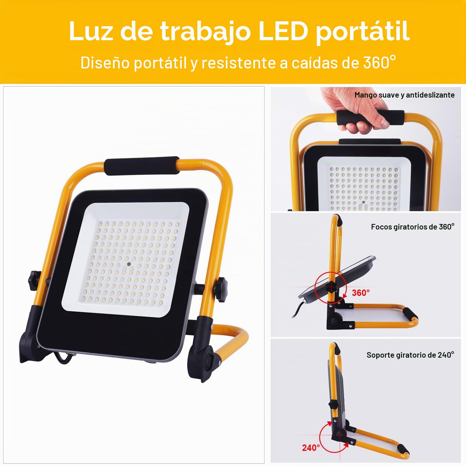 Foco de Trabajo LED 200W,20000LM Portátil Luz de Construcción con Enchufe EU/Soporte Plegable/Cable de 2M/6500K,IP66 Impermeable Foco Proyector LED Exterior para Obra,Taller,Emergency,Garaje