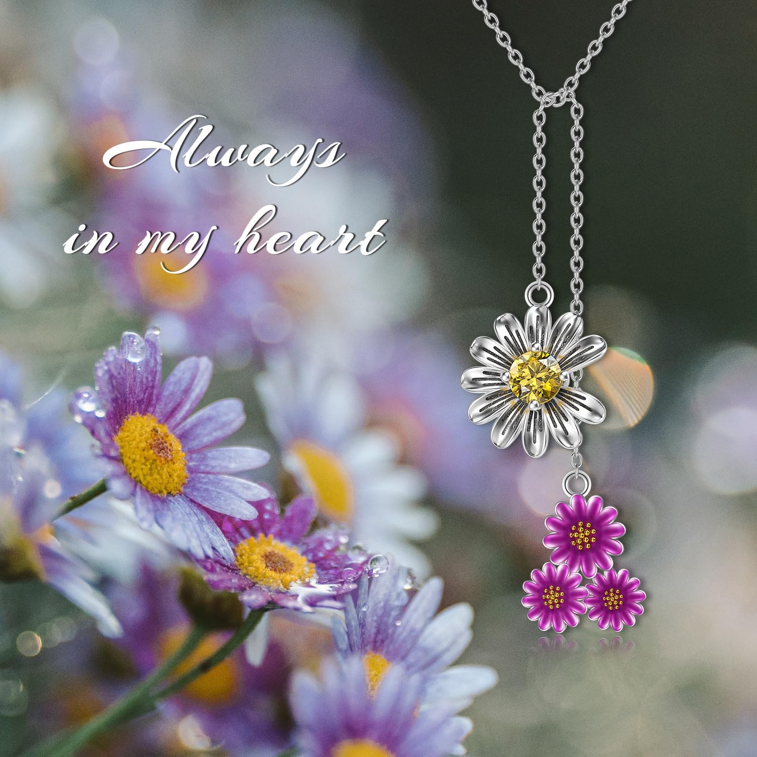 Daisy Sunflower Necklace Long Lariat Flower Pendant Necklace Sterling Silver Jewellery for Women Mum Sisters.