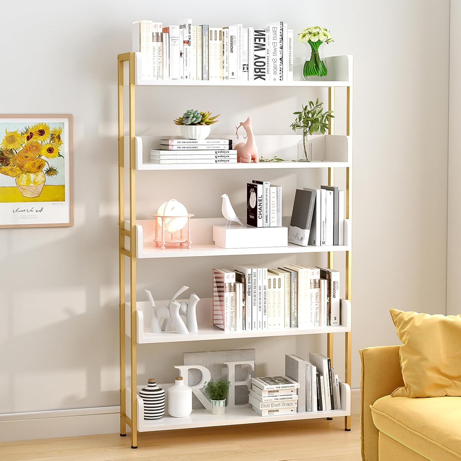 Wide Open Shelf Bookcase - Modern 5-Tier Floor Standing Display Bookshelf with Top Edge for Home and Office, Storage Shelving in Warm White with Gold Frame 5-Tier Gold + White