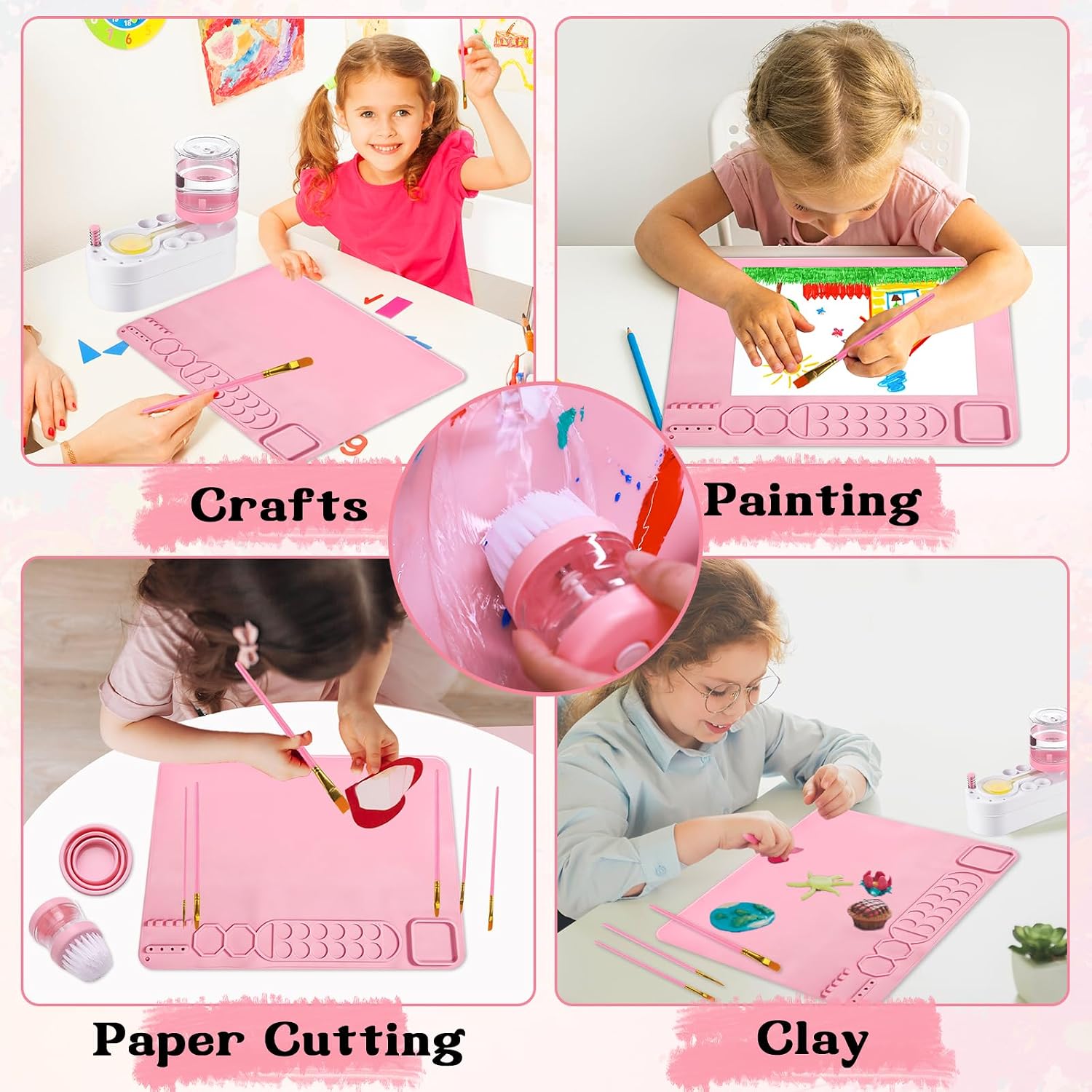 Painting Station Paint Brush Cleaner 20"X16" Silicone Paintings Mat with Cup and Paint Holder 10 Paintings Brushes Children's Painting Set Art Supplies for Kids End of Year Gifts DIY Crafts (Pink)
