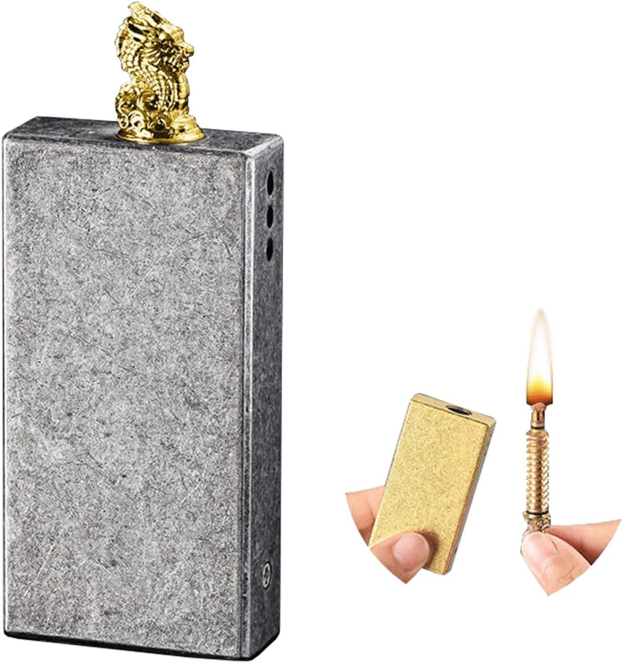 Antique Silver knurled Kerosene Lighter, Match Lighter, Hand-Embossed, Mechanical Ignition, Suitable for Collection/Gift (Kerosene not Included)(Gold)