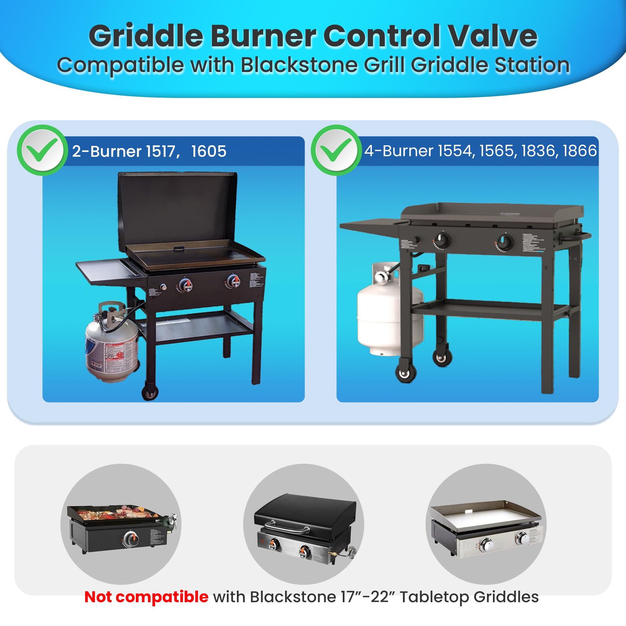 Feekoon 2 Stück Grillbrenner-Steuerventil, kompatibel mit Blackstone Grill-Grillplatte, Gasventil-Teile, Ersatzteil, Grillventilteil, kompatibel mit Blackstone 91,4 cm Gasgrill-Grillplatte 1554