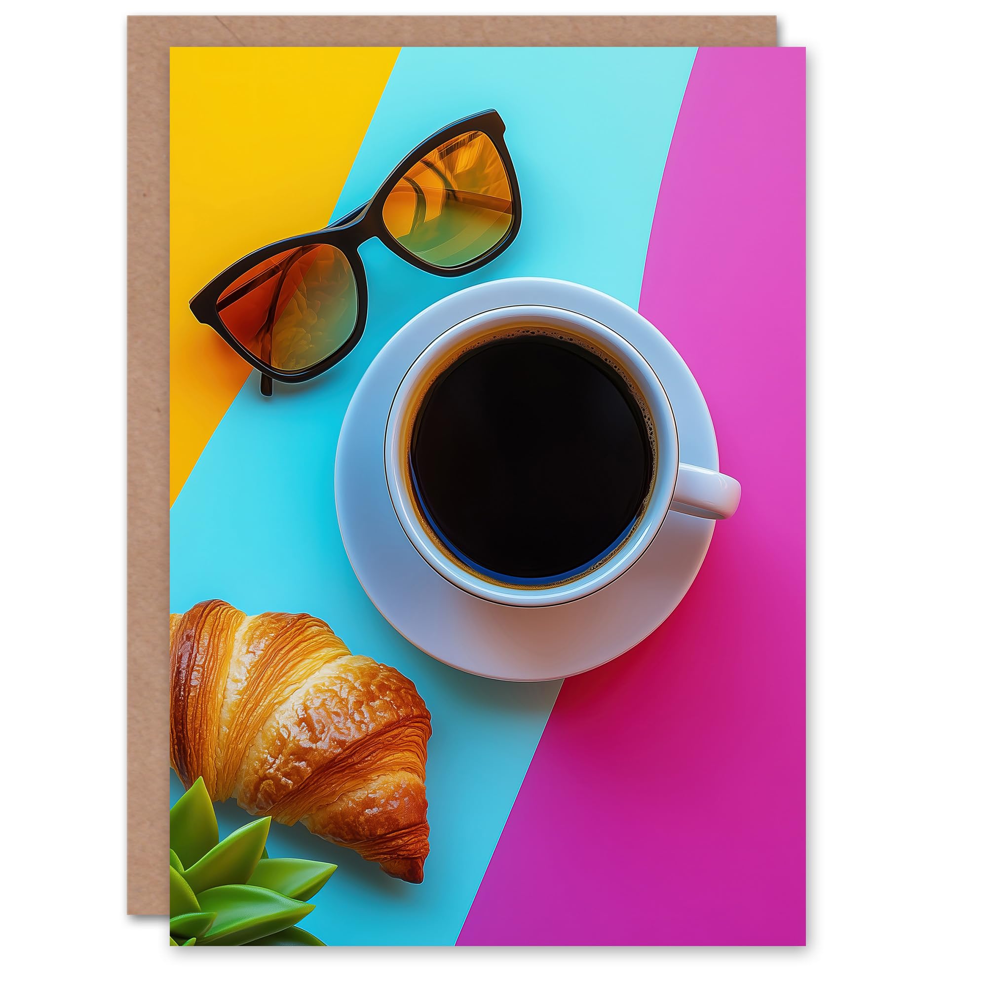 Coffee Sunglasses Croissant Colourful Modern Birthday Greeting Card