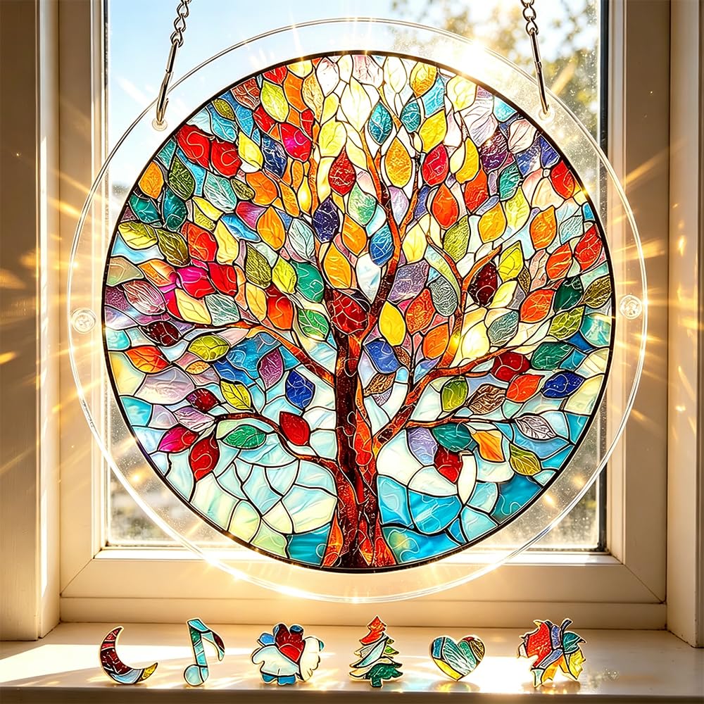 Acrylic Puzzles Sun Catcher Window Hanging, 83pcs DIY Acrylic Jigsaw Puzzle Sun Catcher Kit for Adults, Colorful Acrylics Puzzle Decoration for Women Men Mom Birthday Gift Home Garden Decor (8.2in)