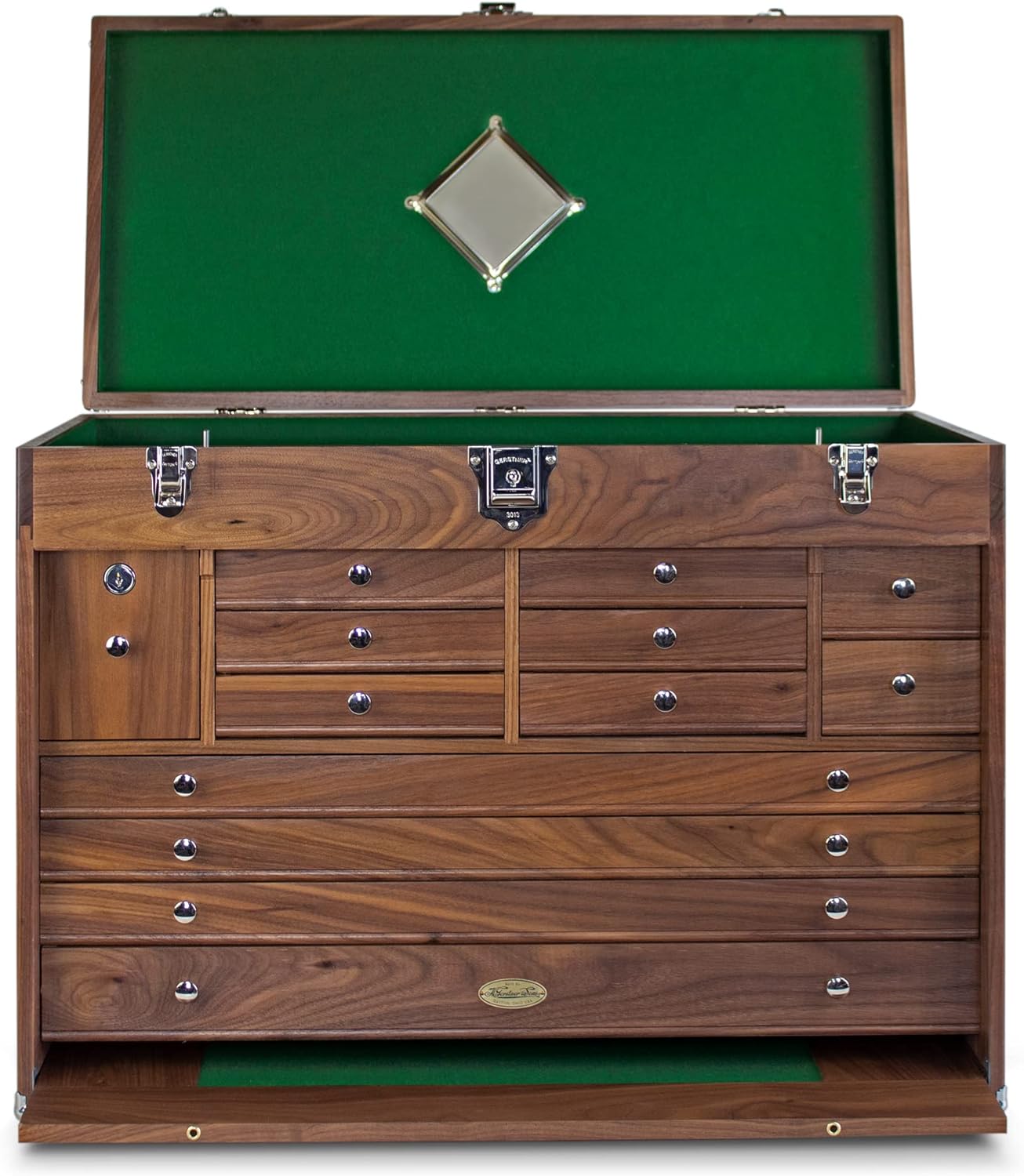 Gerstner W-2613 chest with lid open, showing multiple drawers and green felt lining, front view.