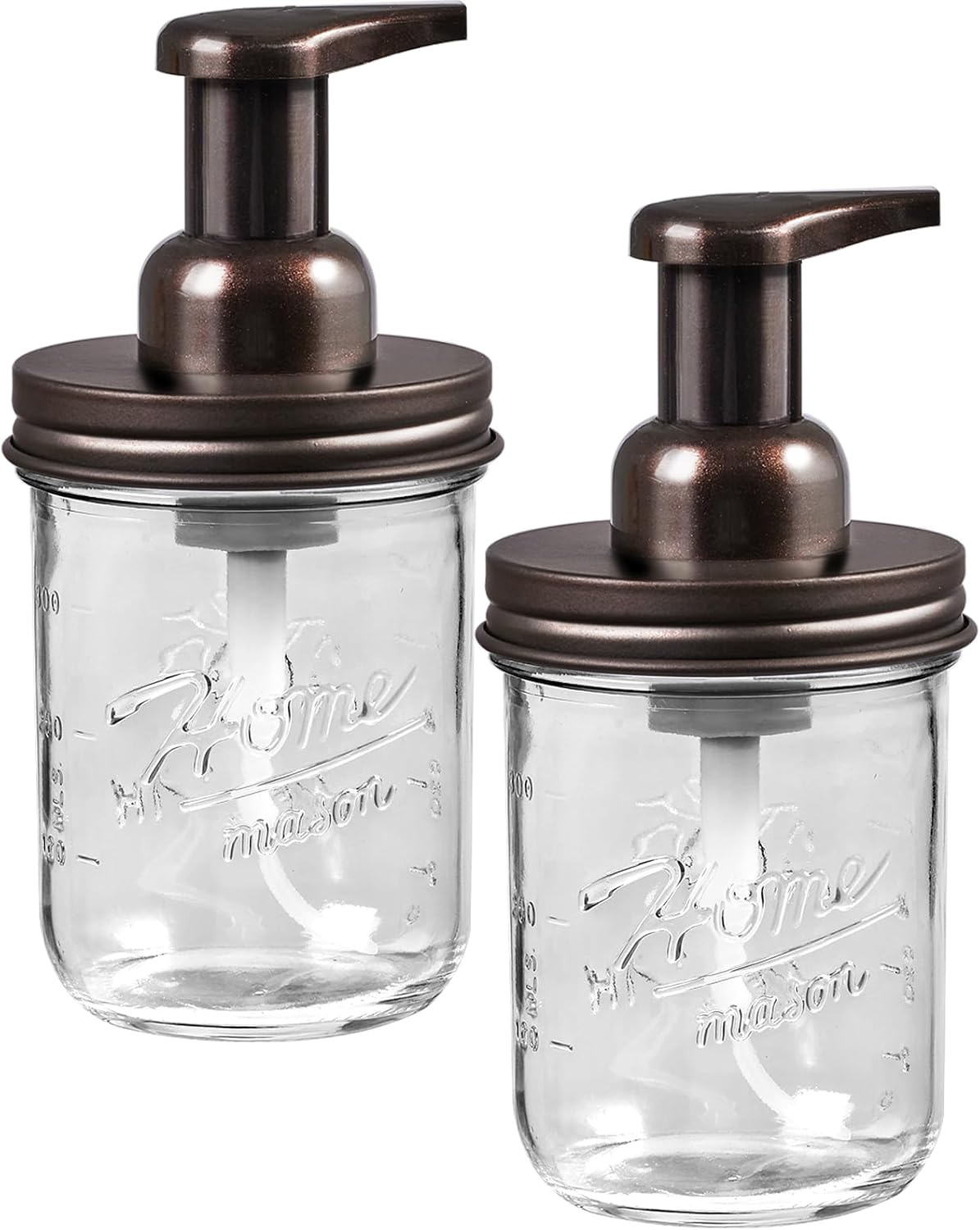 SheeChung Mason Jar Foaming Soap Dispenser, Glass Foaming Hand Soap Dispensers, Stainless Steel Lid, Refillable Foam Soap Dispenser for Bathroom Kitchen, Farmhouse Bathroom Decor (2 Pack, Bronze)