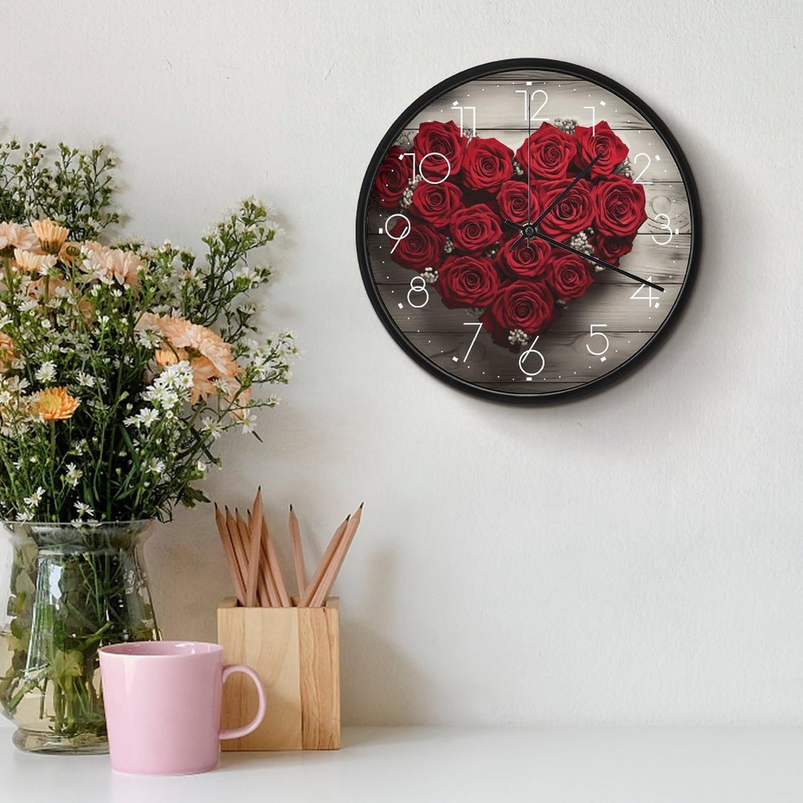 Orologio da parete con rose rosse a forma di cuore, silenzioso, senza ticchettio, orologio moderno a batteria, rotondo, analogico, classico, per camera da letto, cucina, ufficio