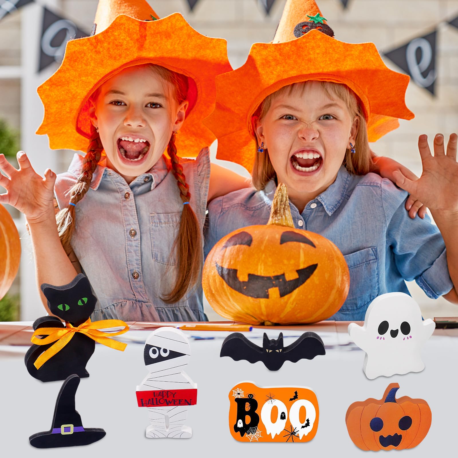 7 Pièces Décorations Halloween En Bois - Citrouilles, Chauves-souris, Fantômes & Chats Noirs - Idéal Pour Table, étagère Ou Bureau