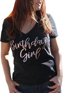 Birthday Girl Shirt for Women - Its My Birthday Shirts - Rose Gold Metallic Print Black Womens V Neck Tshirts