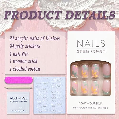 Miniatura 2 de Uñas postizas cuadradas medianas SWEKKE con punta francesa, color rosa, cobertura completa, verde, amarillo, flores, con diseños, pegamento