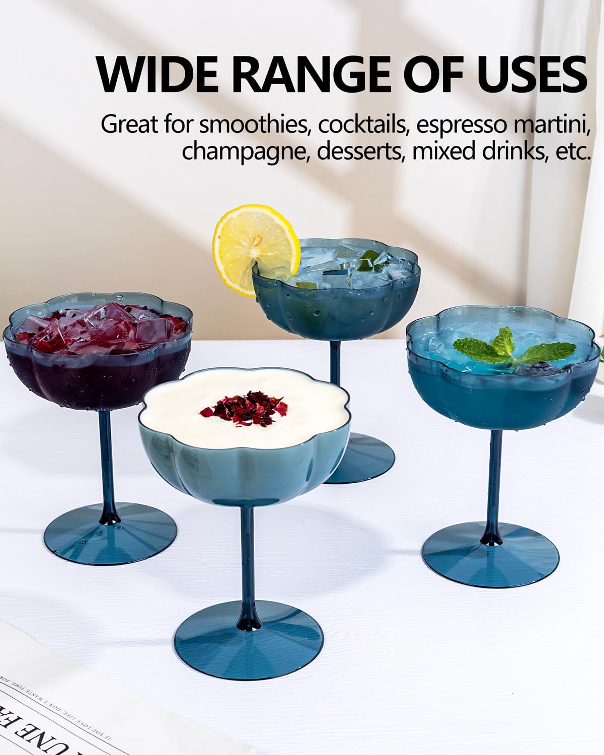 Ciaell 12PCS Plastic Martini Glasses - 10 Oz Blue Elegant Disposable Cocktail Glasses for Champagne Wine Wedding Party Anniversary Bar - Image 3