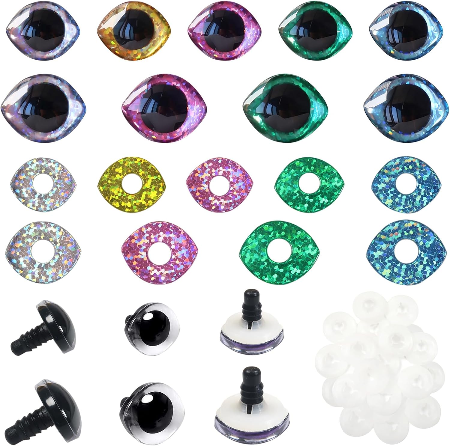 TOAOB 18 Set Glitter Safety Eyes for Amigurumis 2 Sizes Oval Mixed Colors Crochet with Washers Doll Eyes for DIY Puppet Stuffed Animals Making