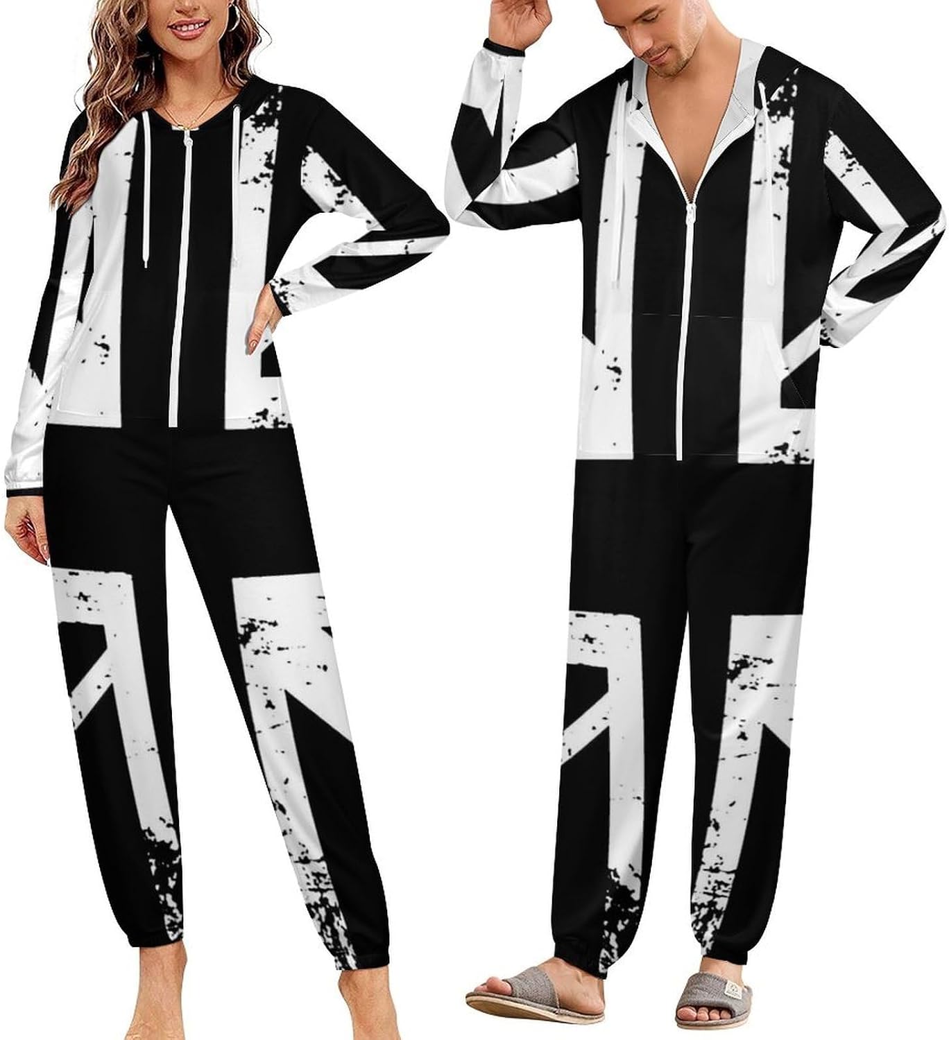White And Black British Flag Adult Pajamas Onesie with Hood Pocket Jumpsuits One Piece Sleepwear