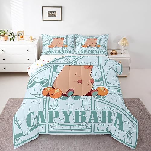 Cartoon Capybara Comforter Set, Kawaii Orange Fruit Bed Sets Twin, Capybara Anim