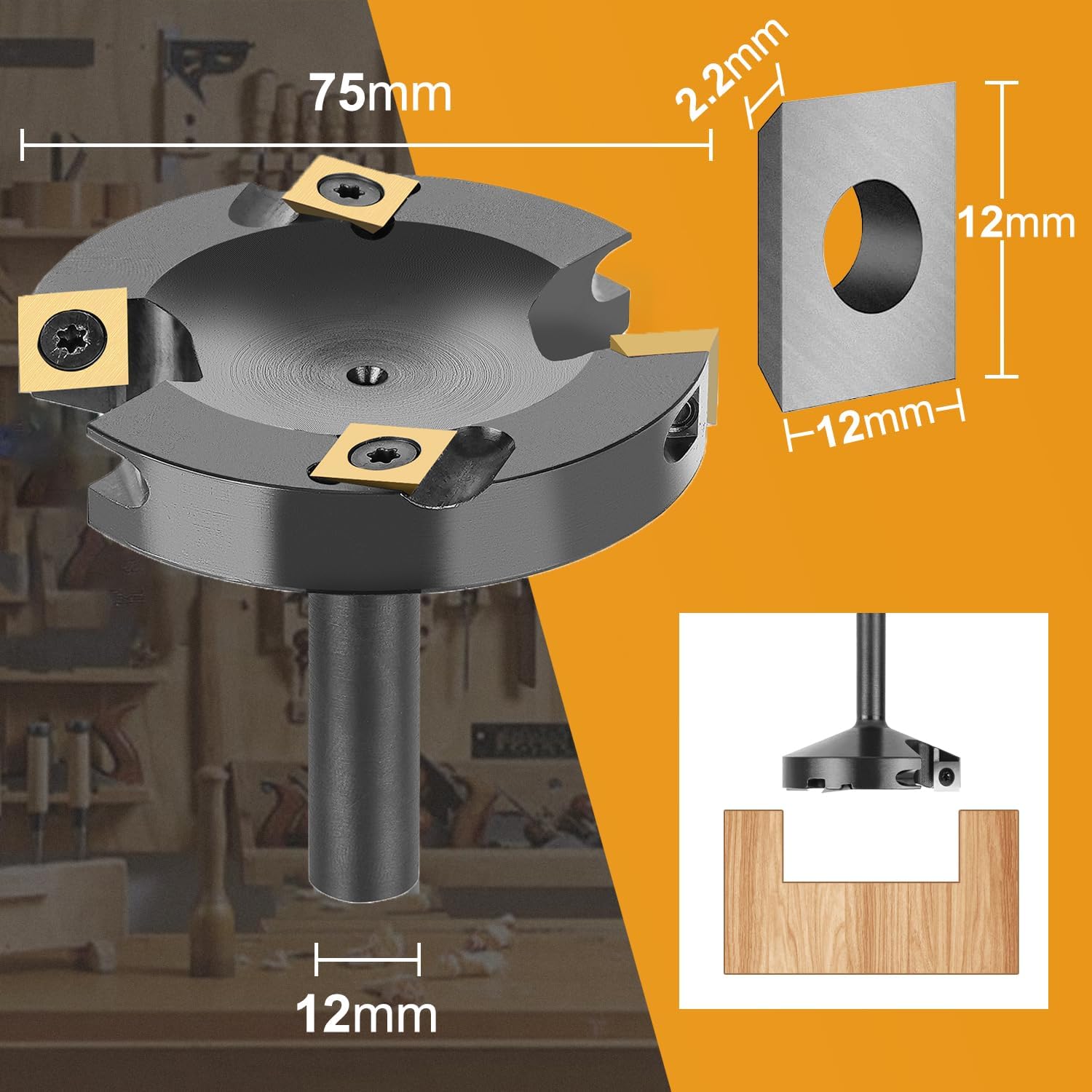 SpeTool Frez czołowy 12 mm, trzonek 75 mm, średnica cięcia z powłoką ATS z 4 wymiennymi nożami z twardego metalu (10,5 mm x 10,5 mm x 2,2 mm), frez do powierzchniowych frezarek do frezarki