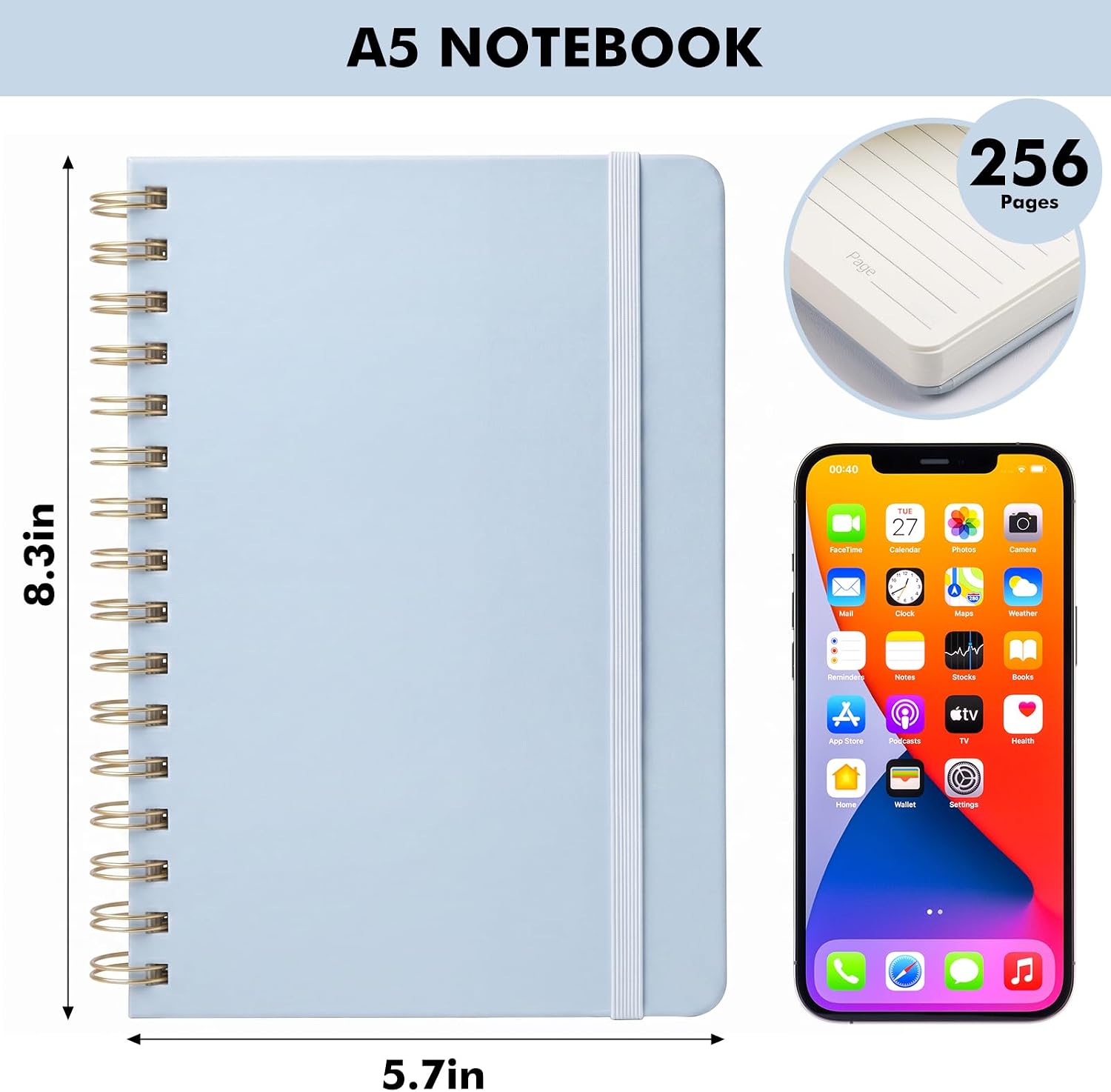 EOOUT Lined Spiral Notebook Journal, 128 Sheets 256 Pages, 5.7 x 8.3 Inches, Thick Hardcover Notebook for Women Work School Note Taking, Airy Blue image 2