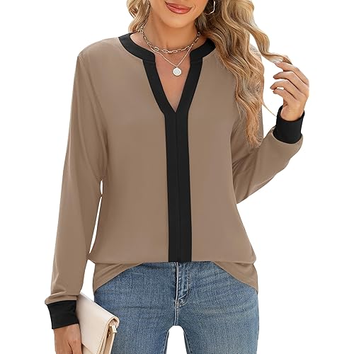 Micoson Womens Tops Dressy Casual Long Sleeve Business Knit T Shirts V Neck Pleated Work Blouses Loose Fall Trendy Clothes
