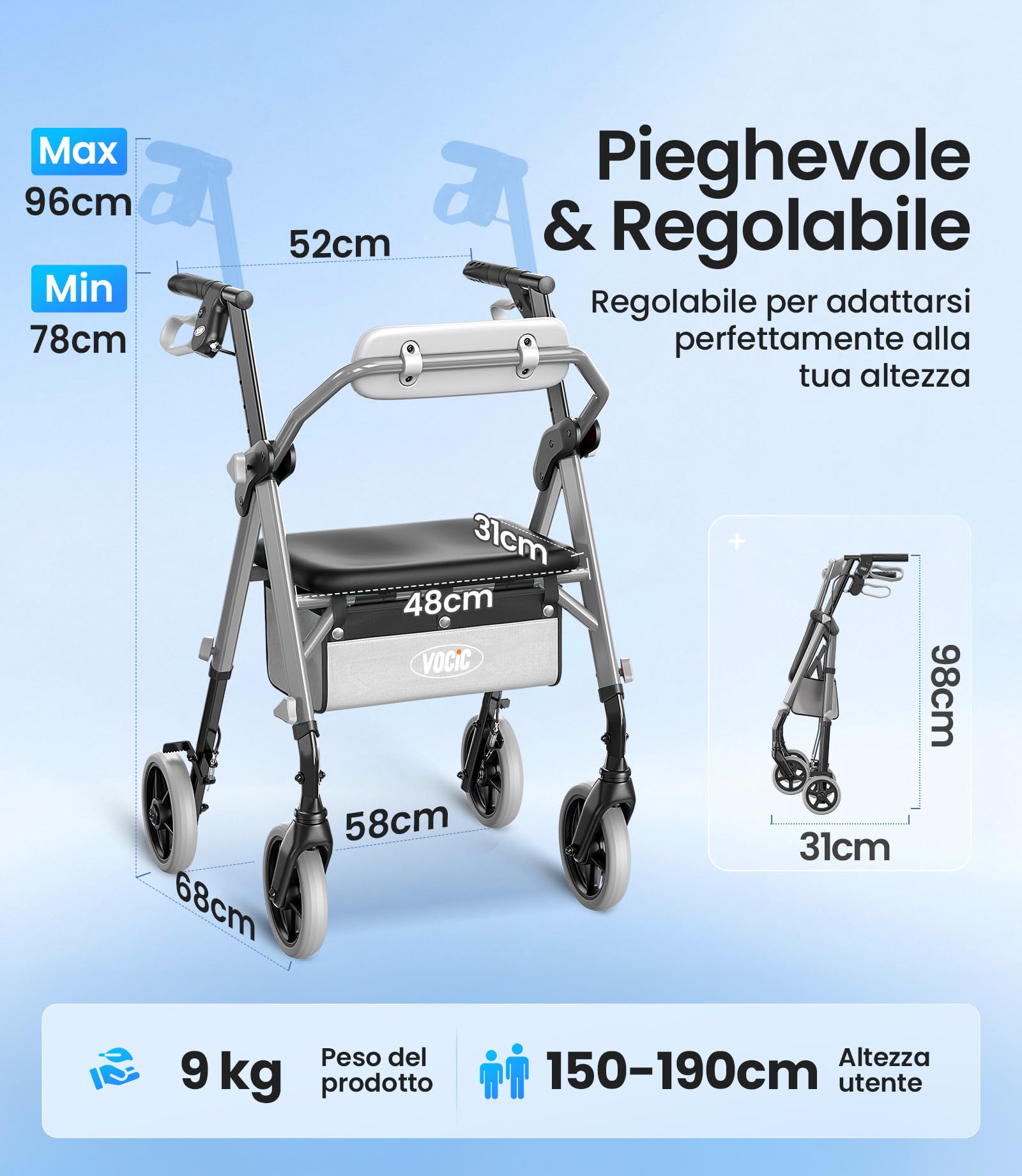 VOCIC Z11 Deambulatore pieghevole e leggero con sedile, Max 172kg, deambulatore sottile per casa, deambulatori facilmente pieghevoli per anziani, Sedile ergonomico, altezza regolabile, Argento, 5 anni