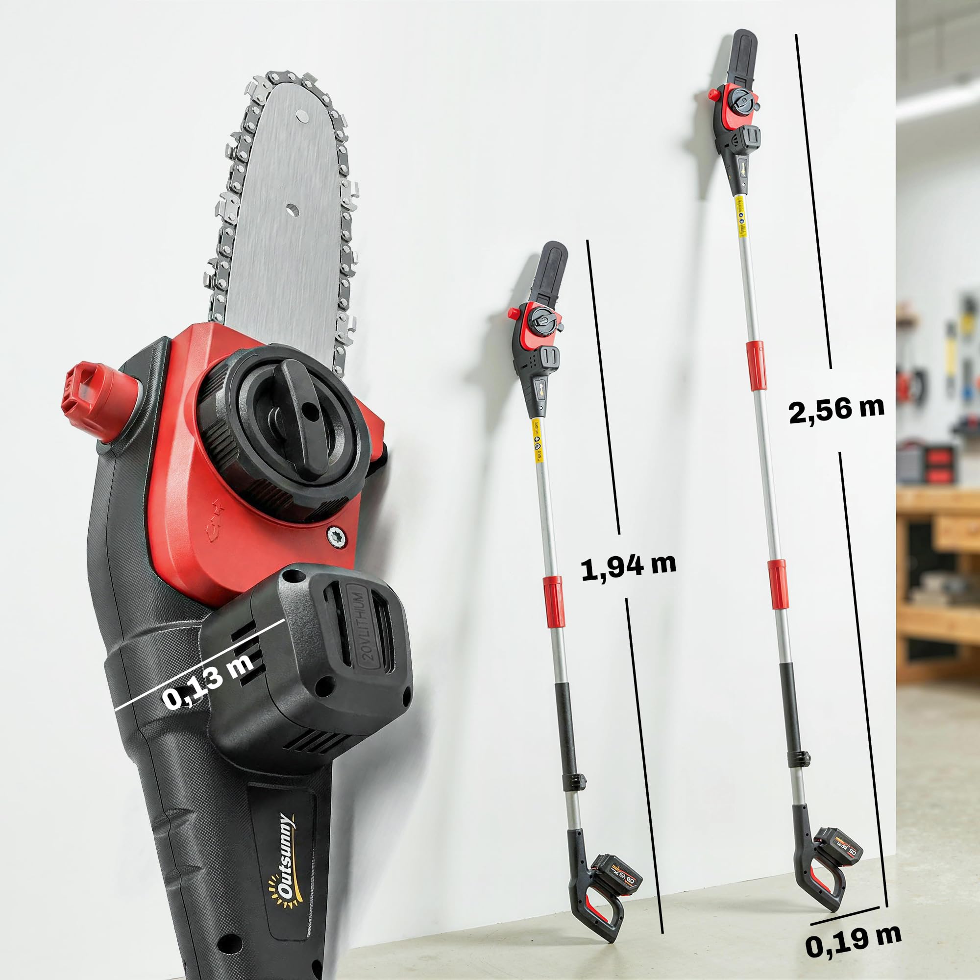 Outsunny Motosierra de Batería Extensible 1,94-2,56 m con Motor 300 W | Motosierra Eléctrica, 2 Baterías 4,0 Ah, Cargador, Doble Bloqueo, Lubricación Automática, Correa, 6 m/s para Podar Árboles