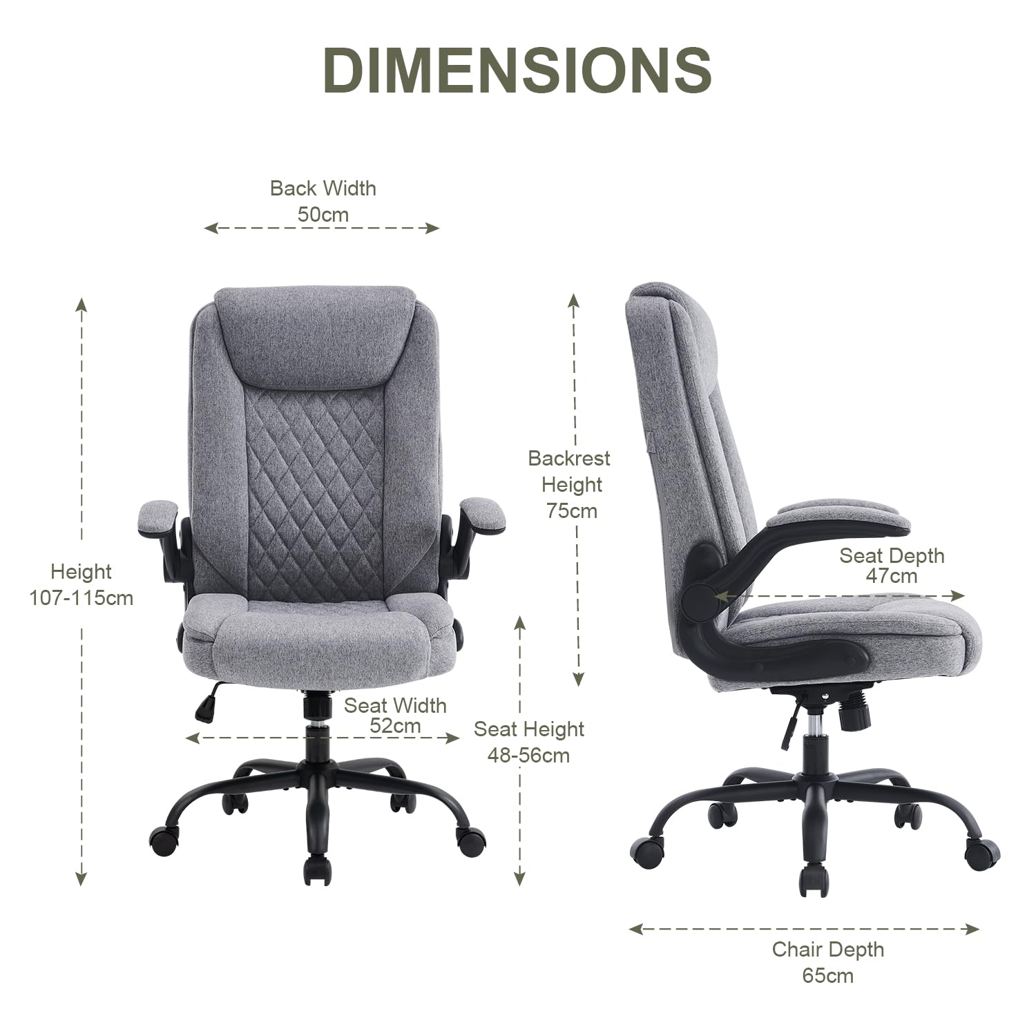 CASTLOVE Ergonomischer Bürostuhl, Computerstuhl, Chefsessel mit hochklappbarer Armlehne, hohe Rückenlehne, Schaukelfunktion, höhenverstellbar, bequem, Schreibtischstuhl für Zuhause, Büro, Stoff, Grau