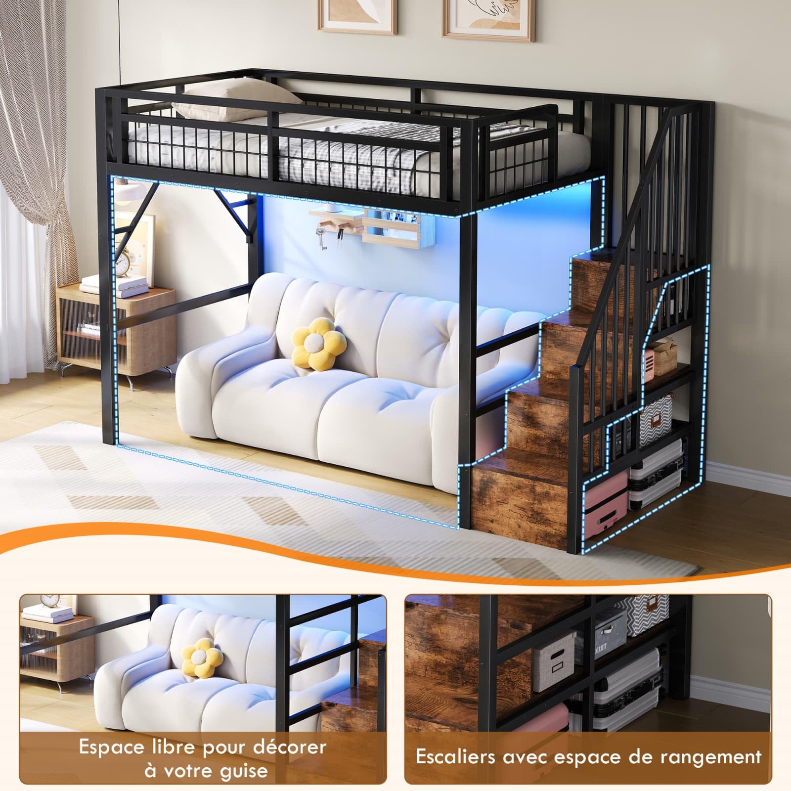 KOMHTOM Lit Mezzanine 140x200 cm en Métal, Lit Surélevé Multifonctionnel avec Escaliers de Rangement et Eclairage LED, pour Adultes et Ados, sans Matelas (Noir-90x200cm)