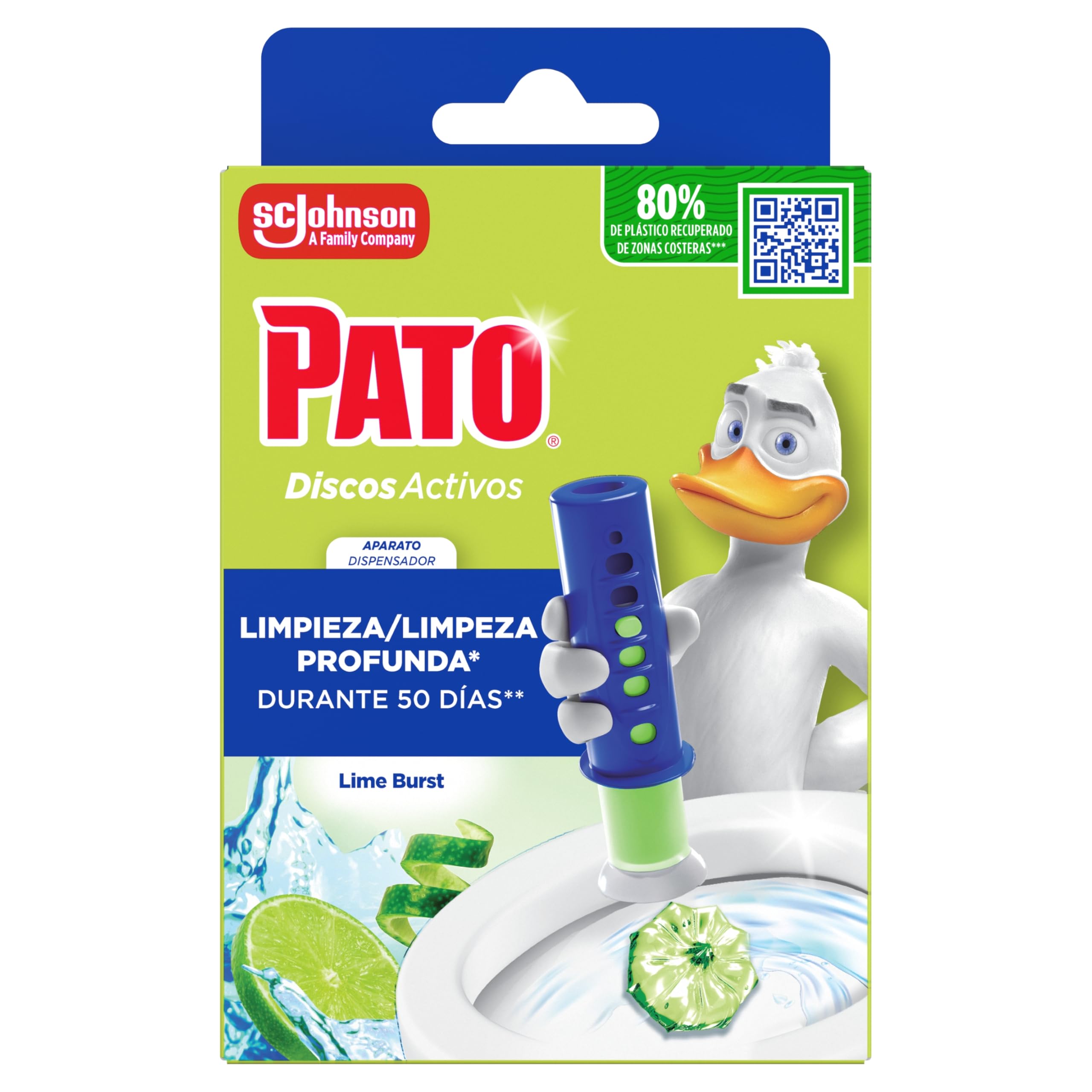 Pato Discos Activos WC Lima, Limpia, Refresca y Perfuma el Inodoro, Eficacia 360°, 1 Aparato + 1 Recambio = 6 discos