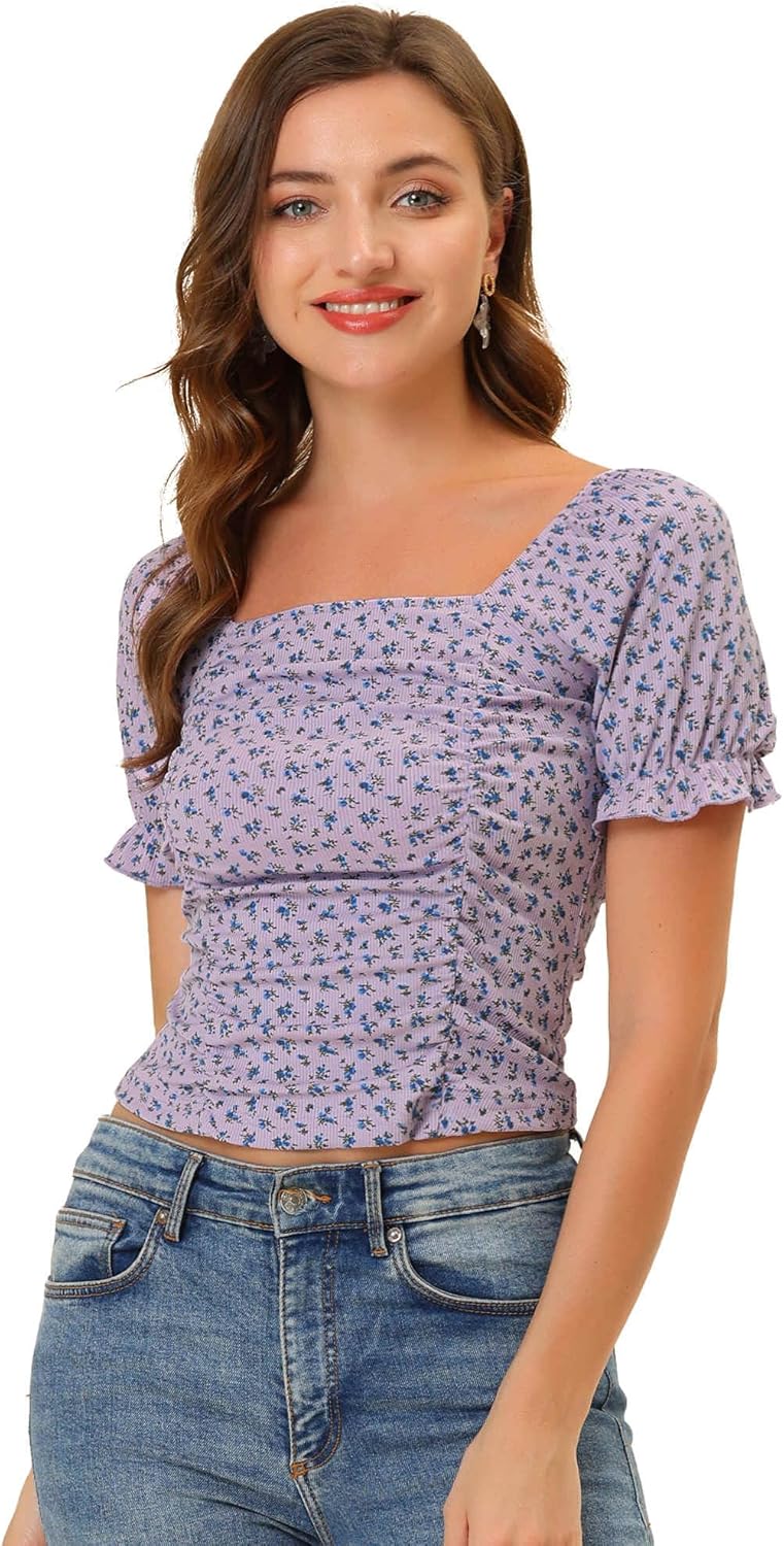 Allegra K Smocked Crop Top for Women's Slim Fit Floral Peasant Blouse