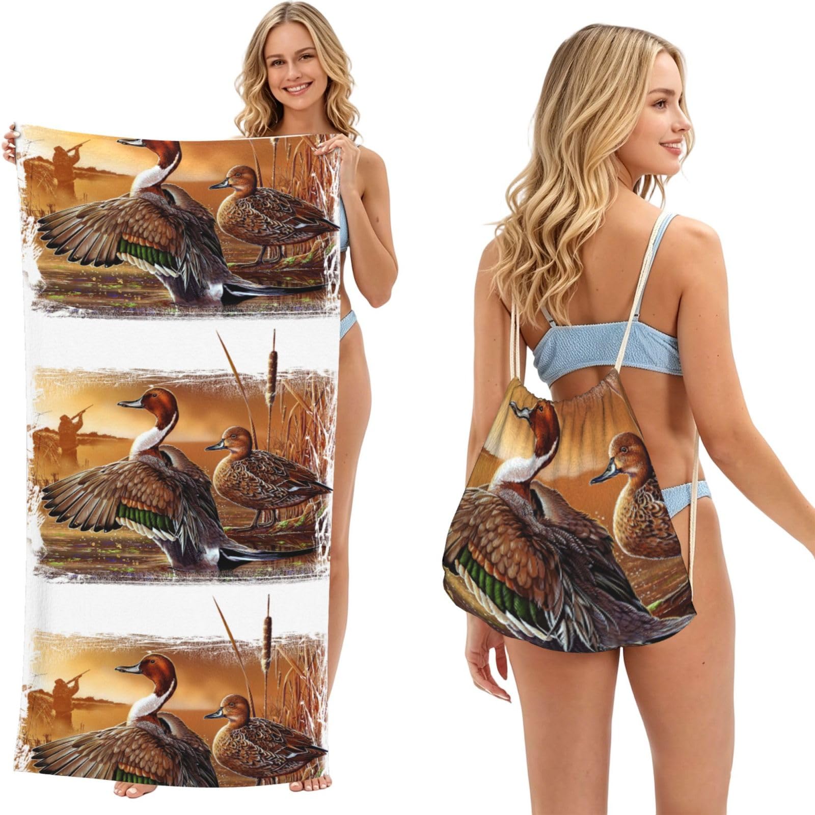 Poadnly As Picture Pintail Duck, 2 In 1 Packable Towel Bag, Beach Towels With Drawstring Backpack For Travel Holiday Camping