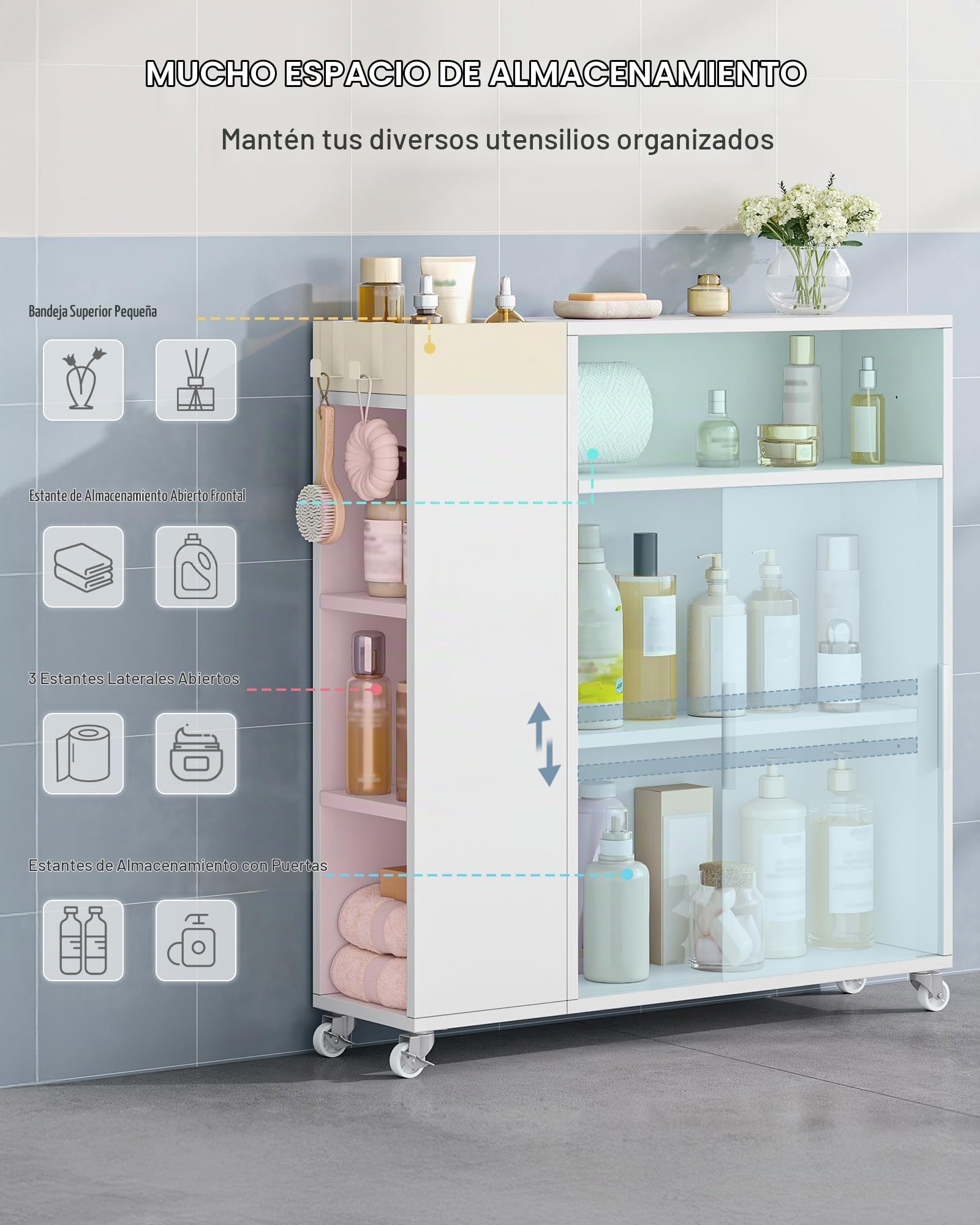 Hzuaneri Mueble de Baño on Ruedas, Estrecho, Mueble Empotrado con Puertas Correderas, Portarrollos, Estantes Ajustables, para Baño, Salón y Cocina, 20 x 70 x 80 cm, Blanco BC66603X
