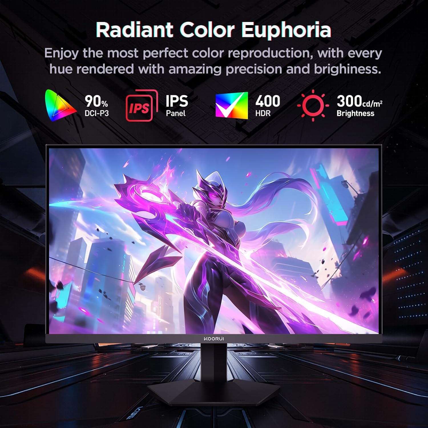 Image showing a vibrant display with icons for 90% DCI-P3, IPS Panel, HDR 400, and 300cd/m² Brightness, indicating rich color reproduction.