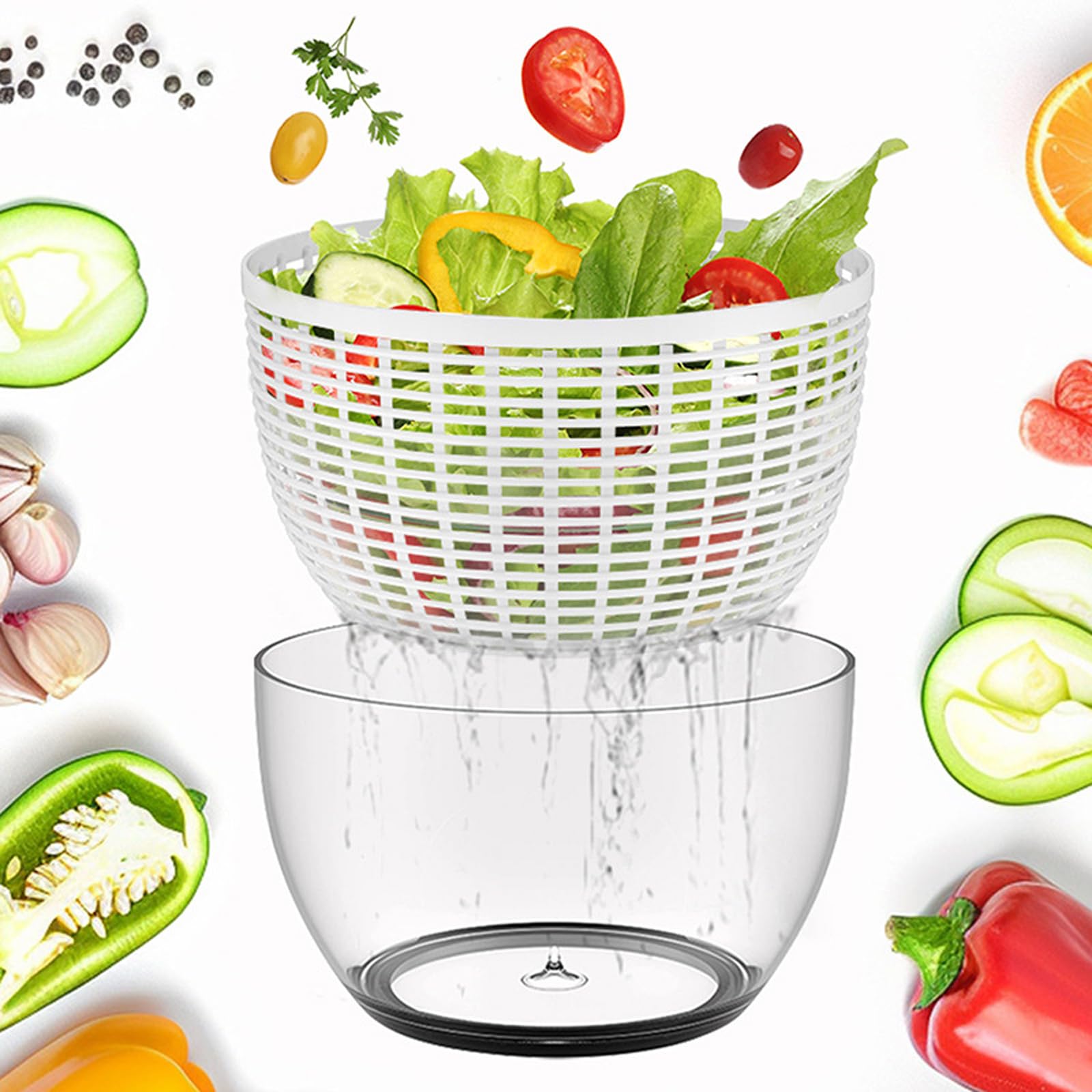 Essoreuse à salade – Séchoir à laitue et lave-légumes de 6 L avec design de verrouillage, arrêt à un bouton, base antidérapante, gadget de cuisine facile à nettoyer pour les verts, herbes, baies et