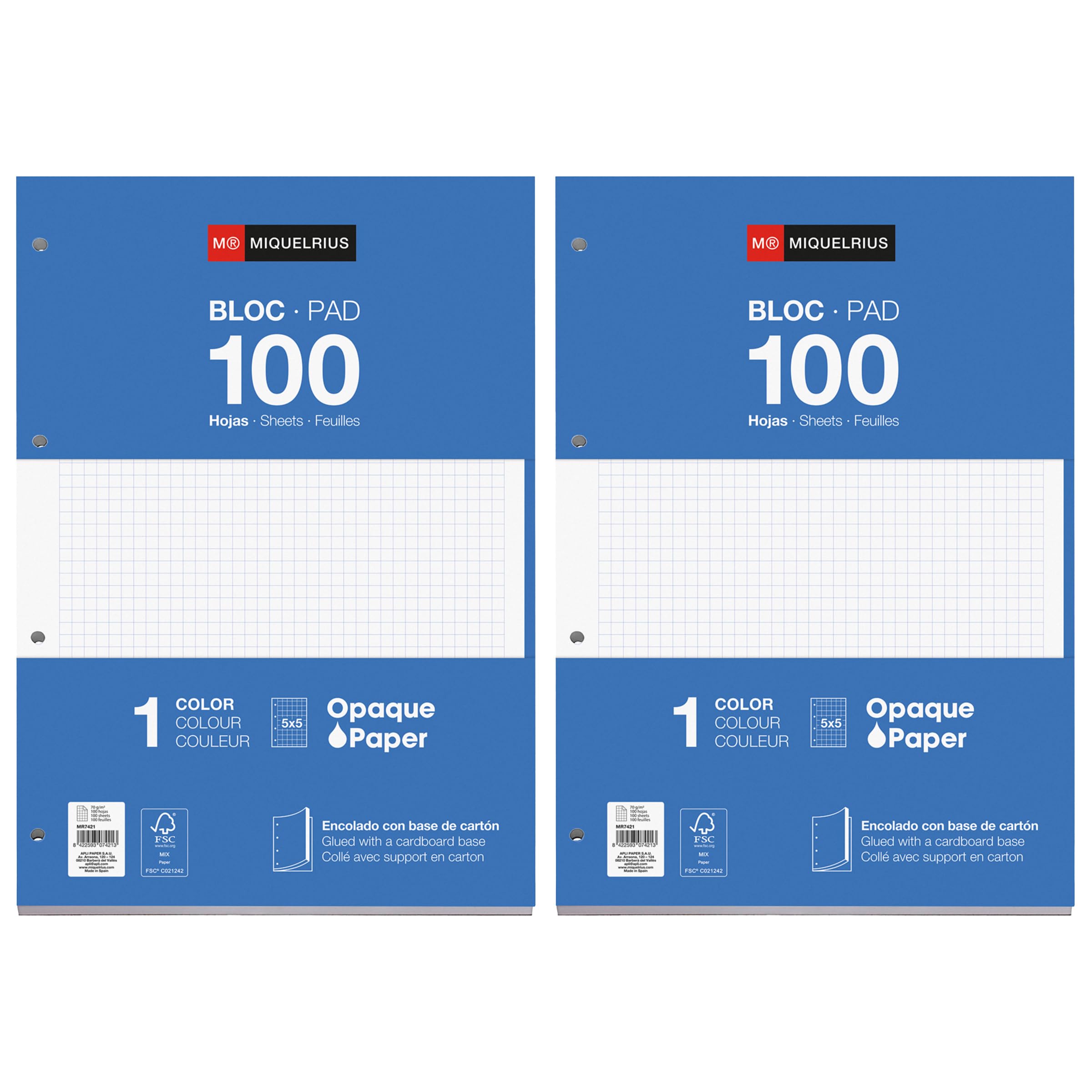Miquelrius - Refill Pads for A4 Squared Sheets, Refill for 4 Ring Binders, 200 Sheets A4 with 5 mm Grid, Paper That Prevents Ink Bleed-Through, Blue