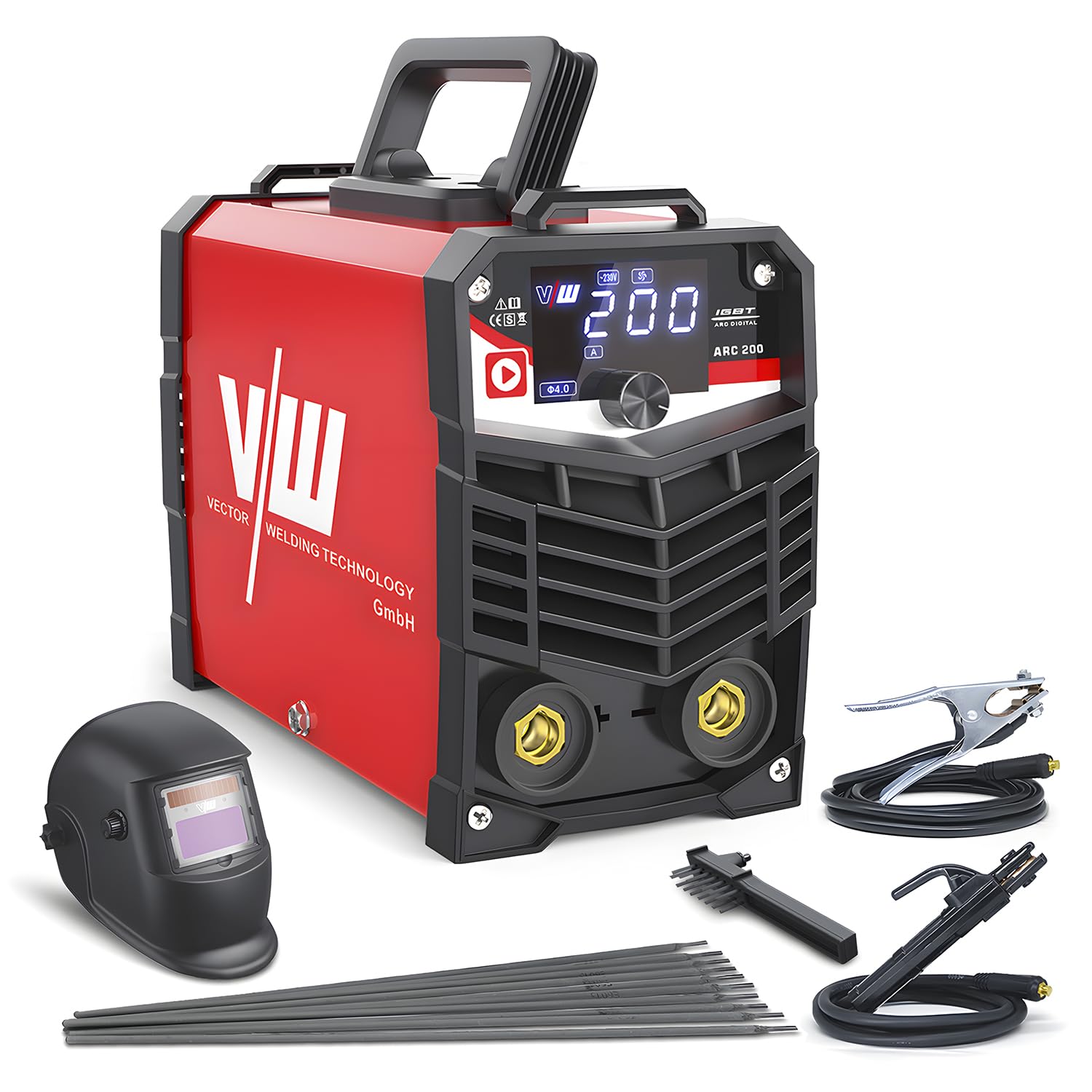 VECTOR WELDING Elektroden Schweißgerät Set, Schweißgerät Elektrode ARC 200, Inverter Elektro Schweissgerät - Digitales Display - Inklusive Schweißhelm und umfassendem Zubehör