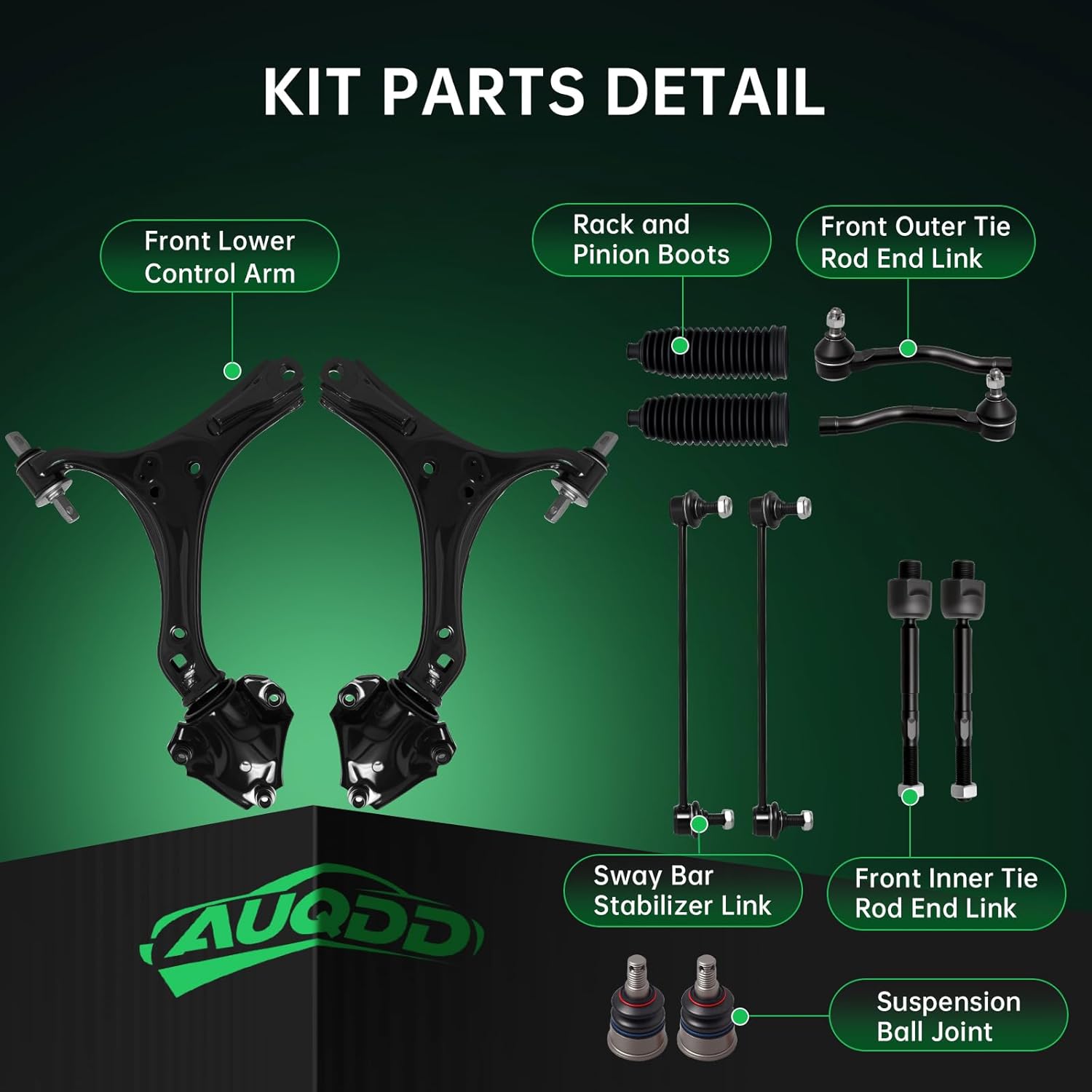 AUQDD 12Pc Front Suspension Kit (For 2.4L) Fit For 2013-2017 Ho-nda Accord, 15-20 Ac-ura TLX, 2 Lower Control Arm 2 Ball Joint 2 Sway Bar Link 4 Inner Outer Tie Rod End (# K642509 EV800896 K500315)