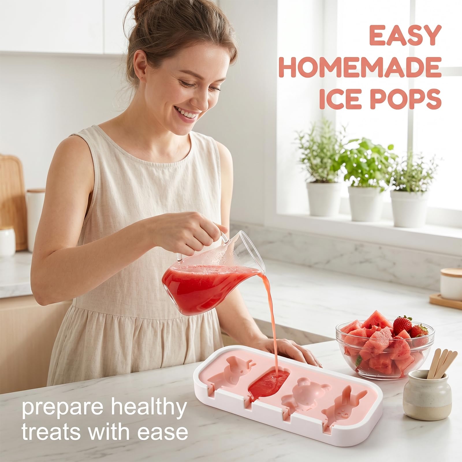 Set 2 Moldes para Helados de Silicona, 8 Formas Dibujos Animados & Frutas Molde Helado con Tapa y 12 Palitos Reutilizables, Sin BPA para Hacer Helados Caseros