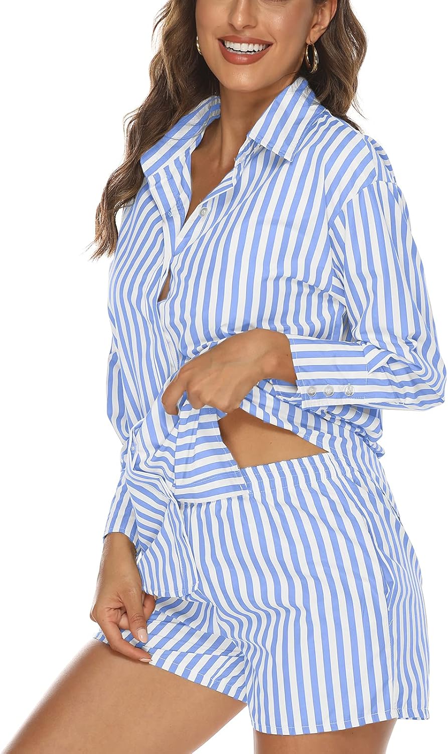 Women’s 2 Piece Outfits Sets Casual Oversized Relaxed Long Sleeve Shirt Loose High Waisted Side Pocket Shorts Set - Image 3