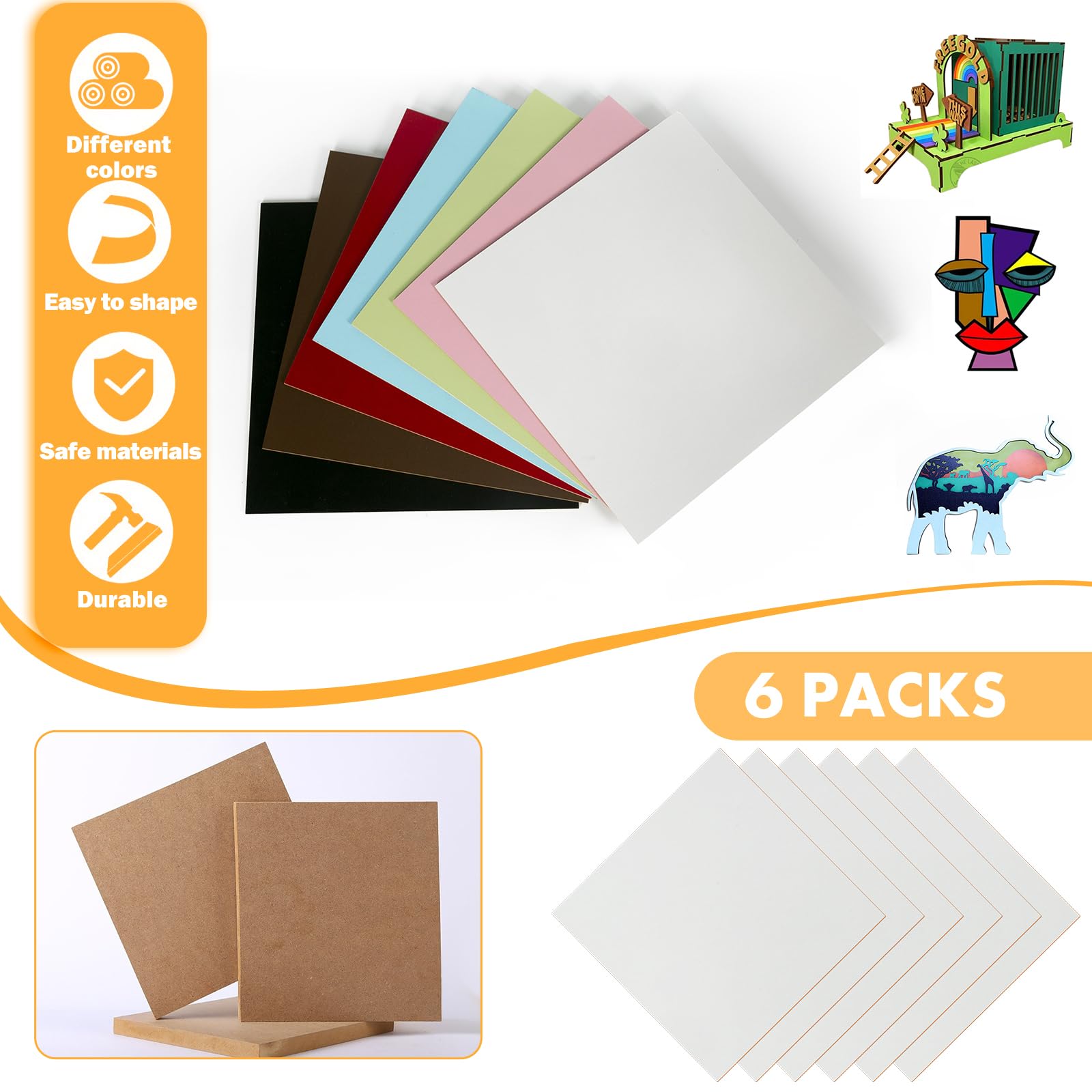 Dichteplaat, 30 x 30 cm, MDF-plaat, houthandwerk, middeldichte vezelplaat, 6 stuks, 3 mm dik, onbehandeld hout voor CNC-snijden, lasergravure, doe-het- zelfproject (wit