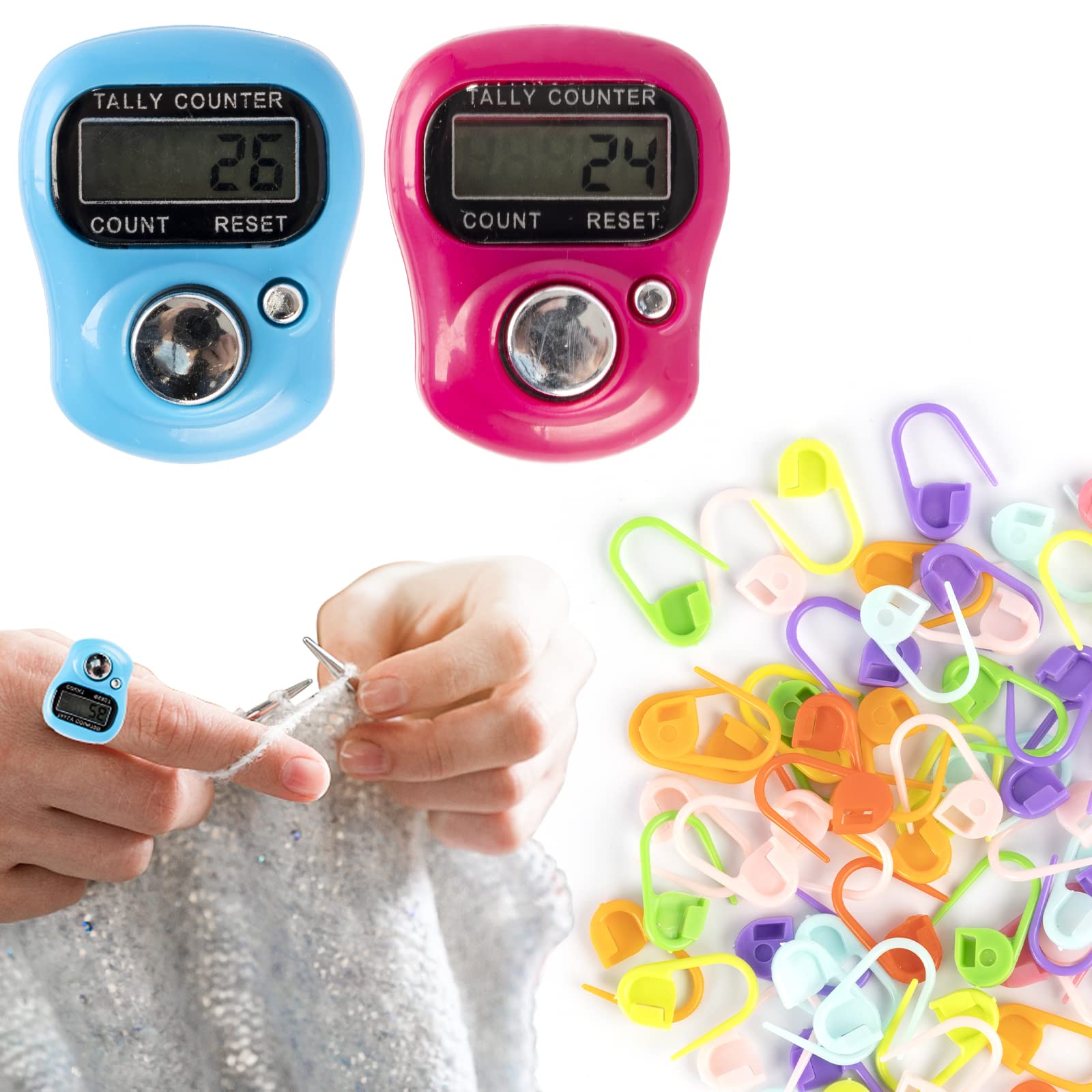 Taekooki 2 Piezas Contadores de Dedos Digitales, Clickers de Dedos Digitales, Contadores de Clickers de Mano, Costura, Tejer, con 60 Marcadores de Puntadas de Tejer, Clip de Cierre de Ganchillo
