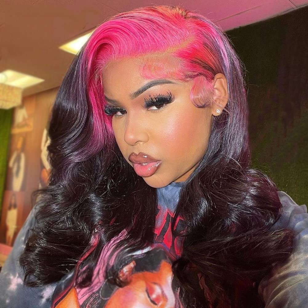 Dark Pink Beauty Full Wig LONAI Long Wavy Black Brown Wig with Hot Pink Money Piece  main image 4
