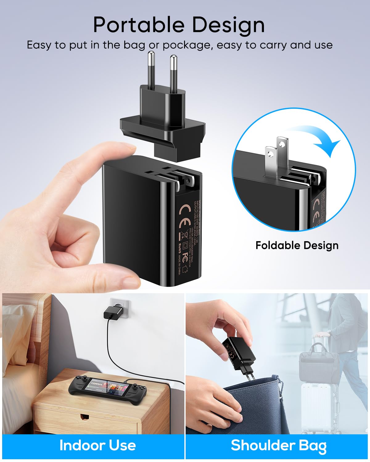 65W Chargeur Rapide USB C pour Steam Deck, pour Nintendo Switch 2 &ROG Ally | Adaptateur Secteur Pliable PD3.0 avec 3M/10FT Câble, pour Station D'accueil TV/Chargeur Switch 2 Console pour PlayStation
