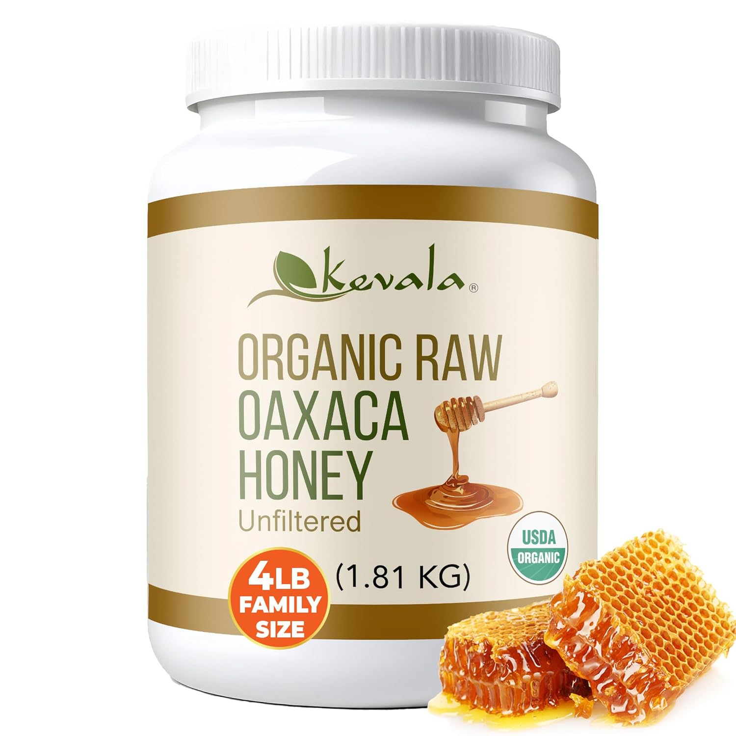 Kevala Organic Raw Oaxaca Honey - Nutritious Honey with no Pesticides and no Sugar Added or Given to the Bees, Natural Sweetener for Cooking and Baking at Home, Great for Pancakes and Waffles, 4 lb