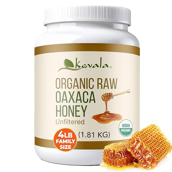 Kevala Organic Raw Oaxaca Honey - 4 lb, Nutritious Honey with no Pesticides | Raw Honey with No Sugar Added or Given to the Bees, Natural Sweetener for Cooking and Baking Great for Pancakes and Waffles