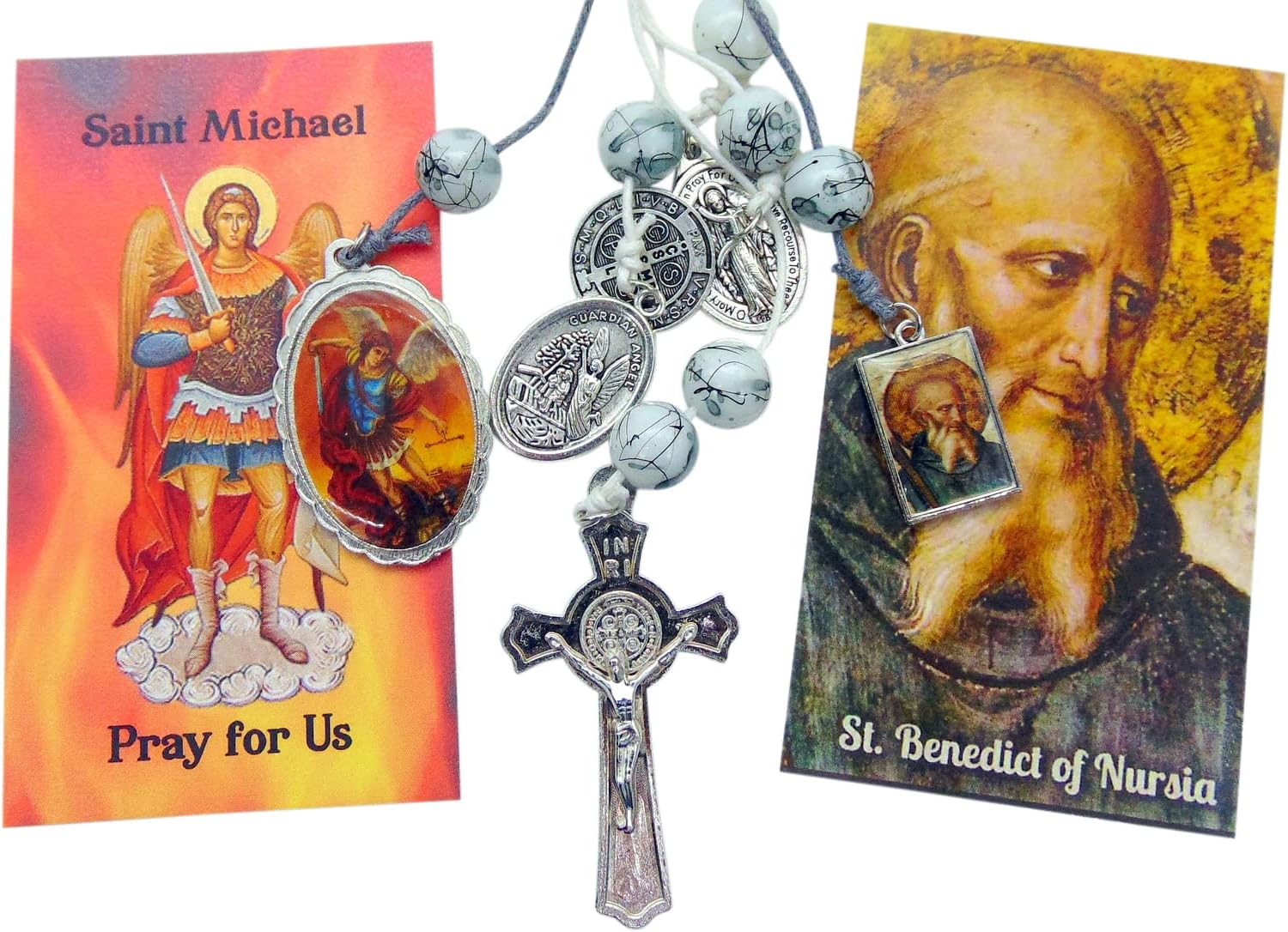 St Benedict and Saint Michael Home Protection Door Hanger with Colorful Beads and Two Prayer Card Set - Image 3