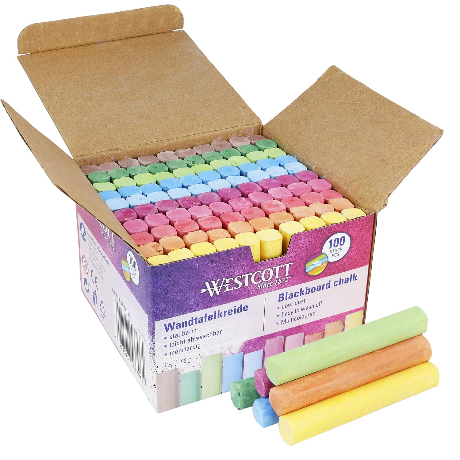 Westcott E-744987 00 - Tizas de 100 unidades, multicolor, 1,2 cm, en colores brillantes, sin polvo y fácil de limpiar, 8,5 cm de largo