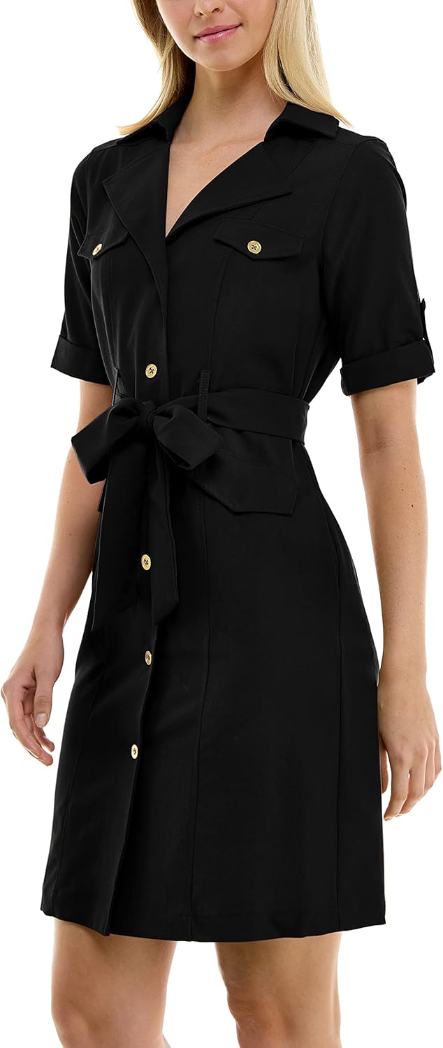 Sharagano Womens Belted Shirtdress with Short Roll Tab Sleeves - Image 4