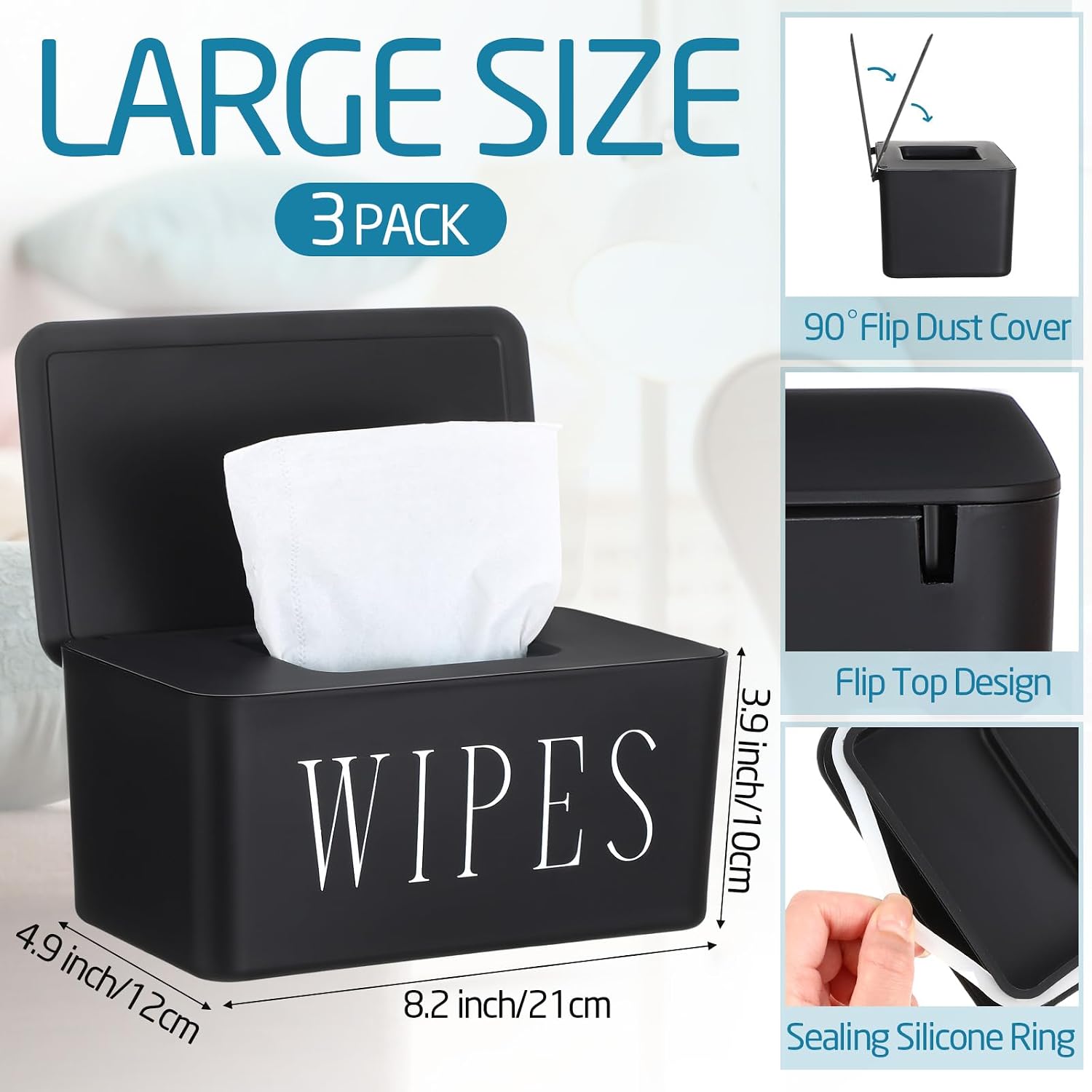 3 Pack Baby Wipes Dispenser, Large, Black image 2