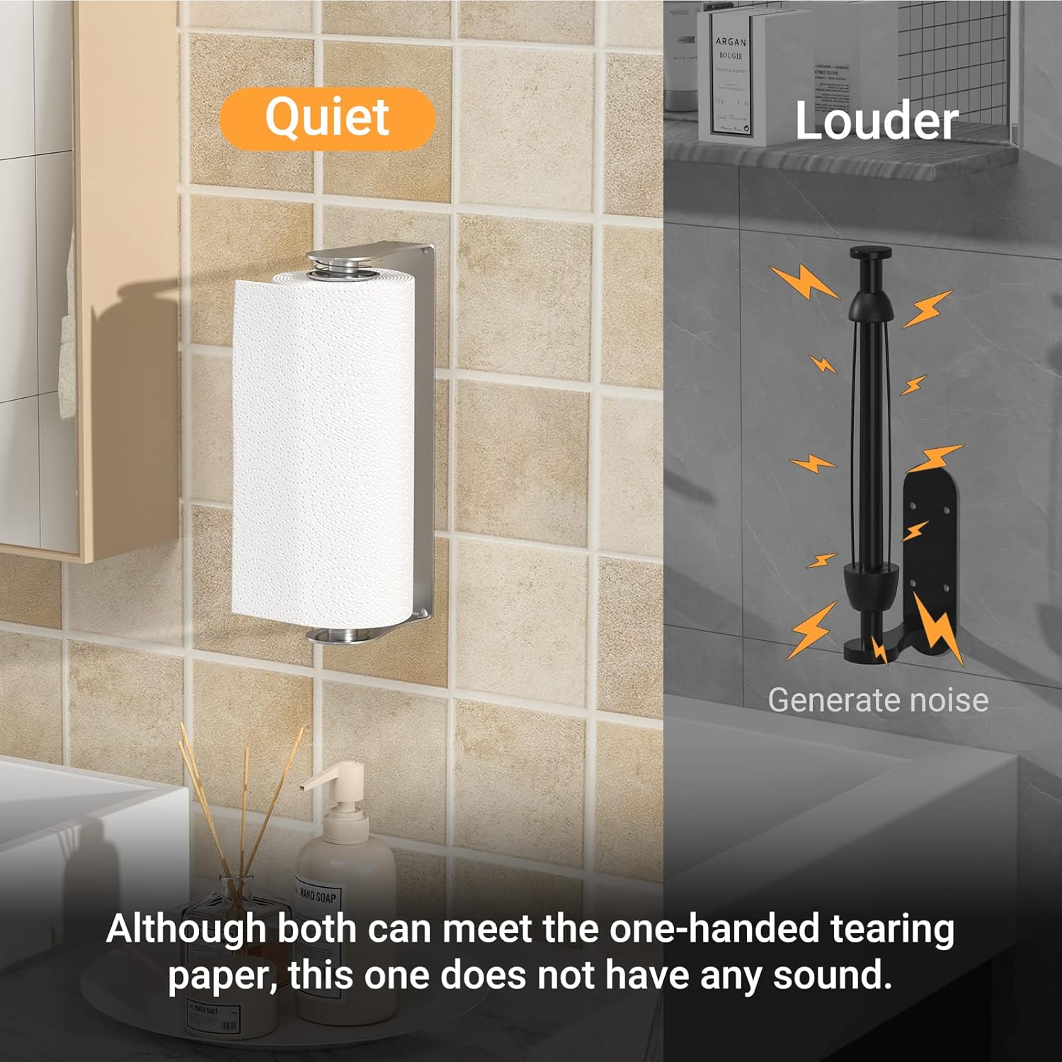 Paper Towel Holder Under Cabinet, One-Handed Tear, Adhesive, Stainless Steel, Silver, Paper Roll Holder with Ratchet Mechanism for Kitchen Bathroom Farmhouse Essentials Decor Accessories