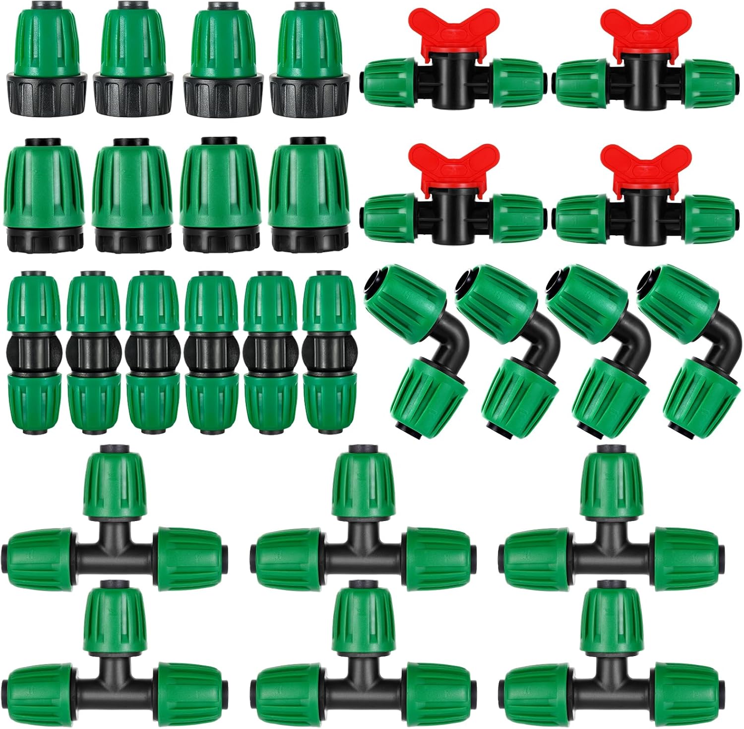 28 Pcs 1/2 Inch Drip Irrigation Fittings Kits,Drip Hose Connector for 1/2" Irrigation Tubing(1/2" ID x0.6-0.63"OD) with 6 Tees,6 Couplings,4 Switch Valves,4 End Cap, 4 Elbows,4 Faucet Adapter