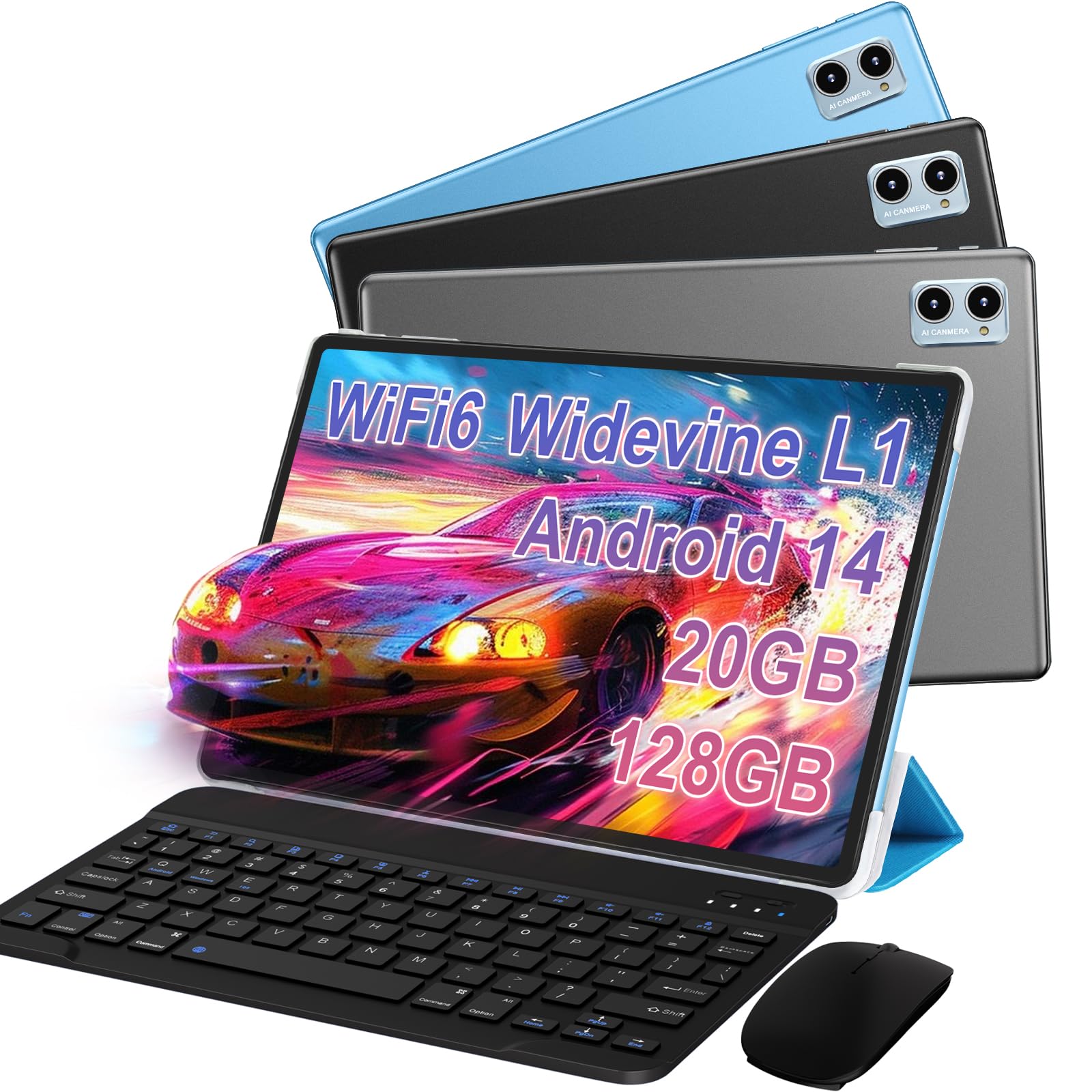 2025 Tablet 10 inch Android 14 Tablets with Keyboard Mouse, 20GB RAM 128GB ROM 1TB Expand 2 in 1 Tablet with Octa-core 6000mAh, HD IPS Display, Widevine L1, 5G WiFi 6, Dual Camera, GMS (Blue)
