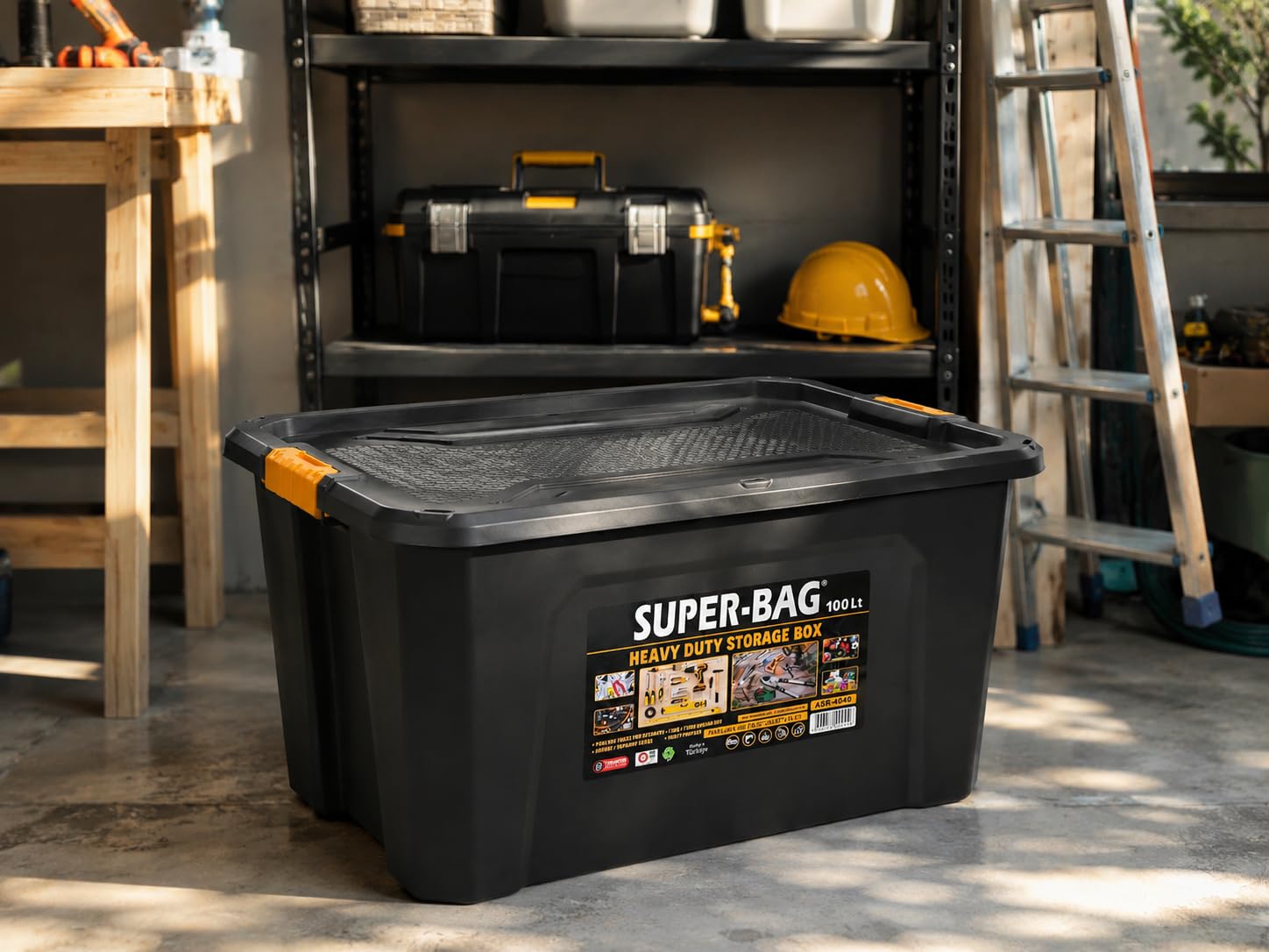 Super Bag 100 L Kapaklı Saklama Kutusu, Ağır Hizmet Plastik Depolama Kutusu, Çok Amaçlı Eşya Düzenleme ve Saklama Kabı, Darbeye Dayanıklı, Ev Garaj Depo Kullanımı, ASR-4040